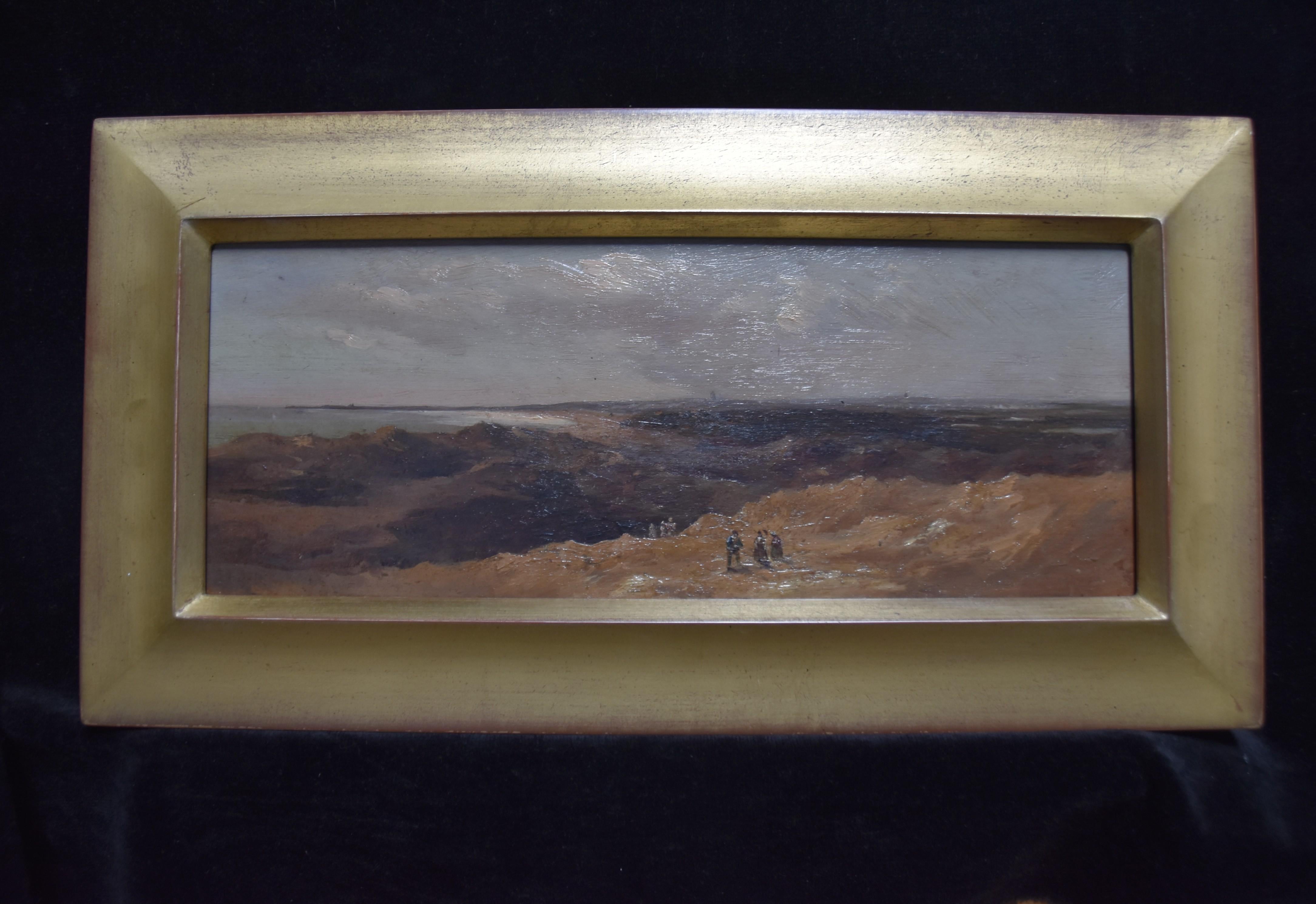 École française 19e siècle, Paysage de dunes animé, huile sur panneau en vente 1