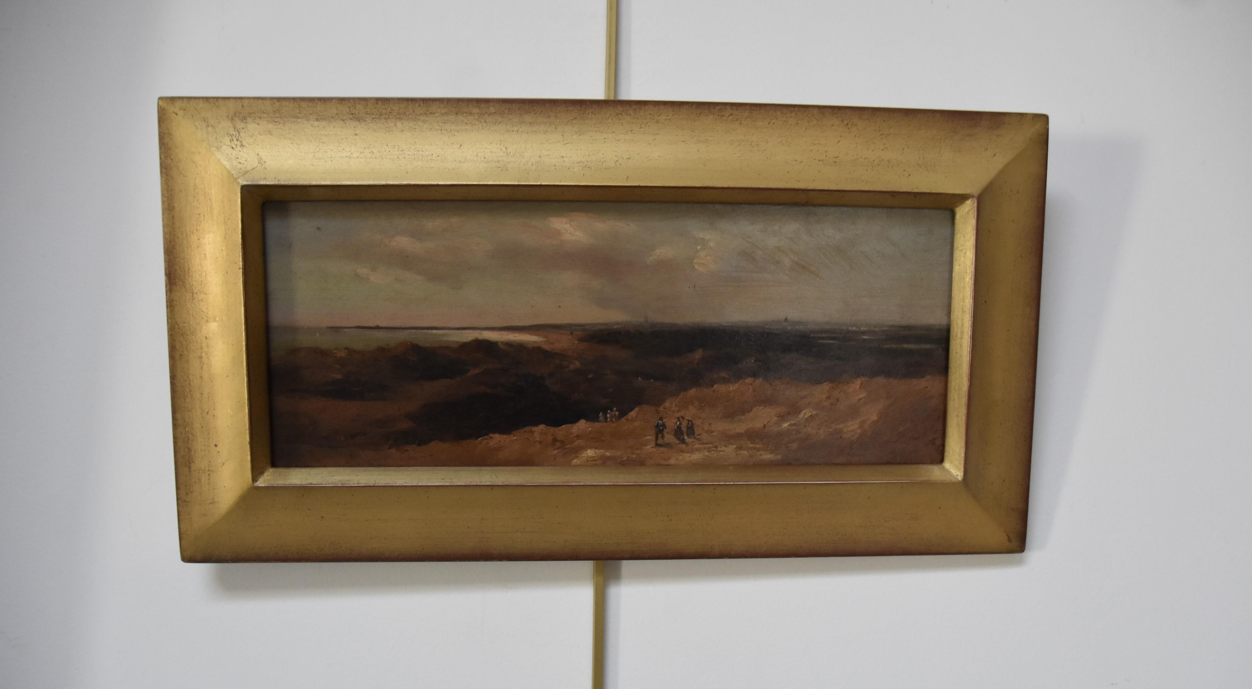 École française 19e siècle, Paysage de dunes animé, huile sur panneau en vente 3
