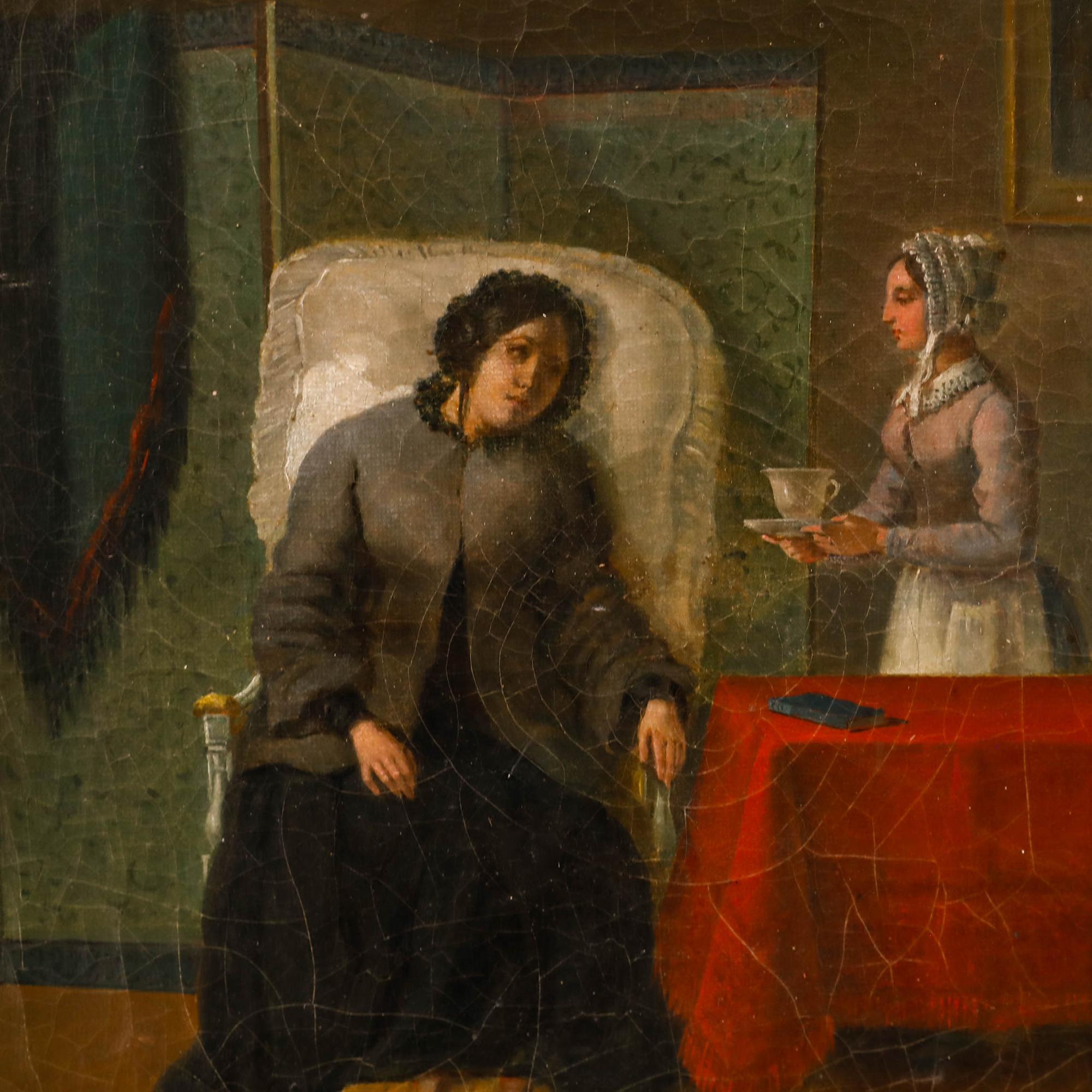 This intimate domestic interior scene depicts a sickly woman and her maid. The maid fetches her a good old cup of tea, which can make anyone feel better. The lady is dressed in black, possibly mourning clothes of the period. The artist employs a