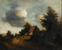 Olio di scuola francese del XIX secolo - Casetta e carrozza
