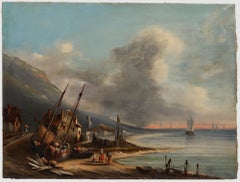 Französische Schule Ölgemälde des 19. Jahrhunderts – Fischer an der Shoreline