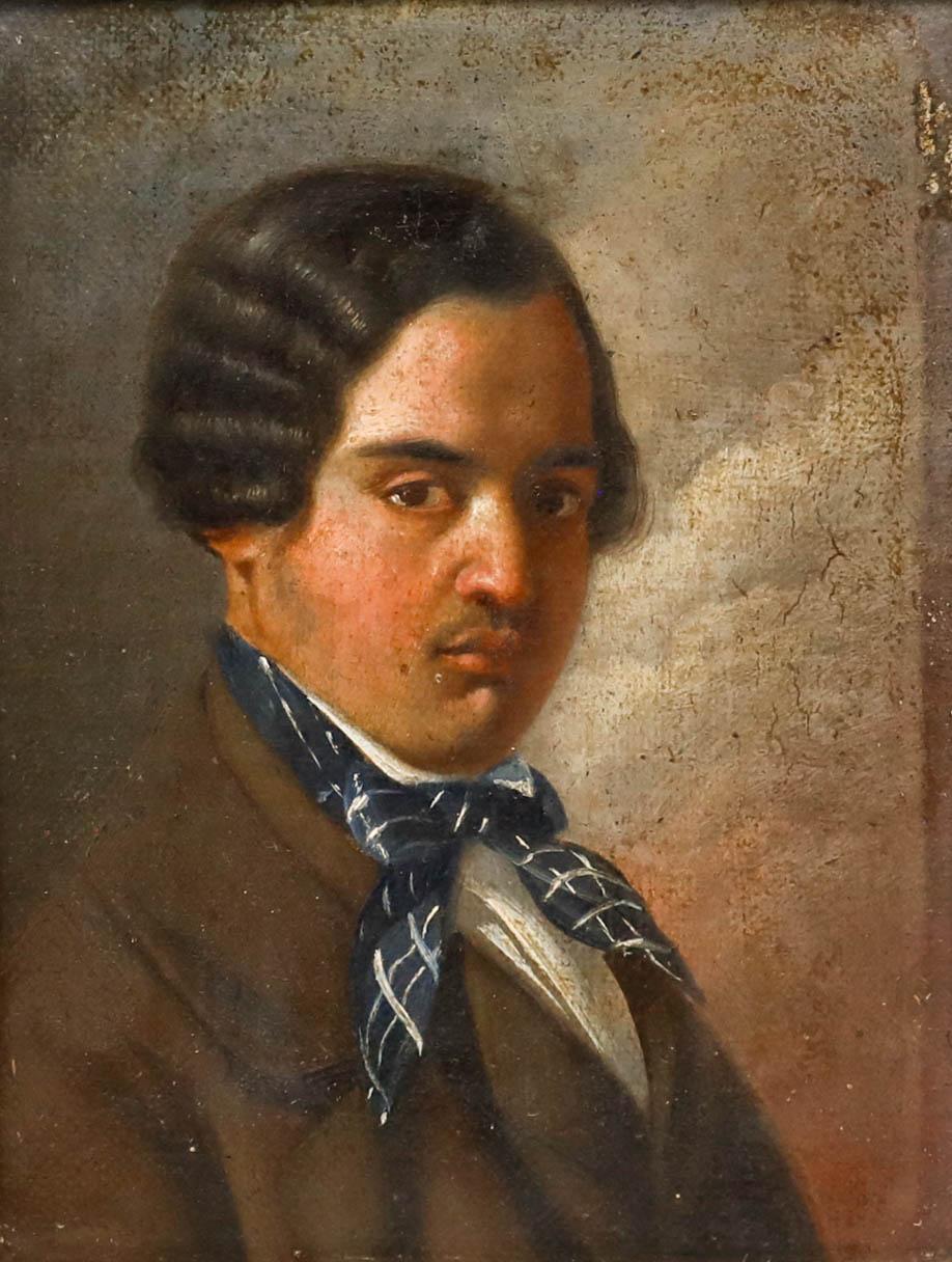 French School 19th Century Oil - Man in a Chequered Neckerchief - Painting by Unknown