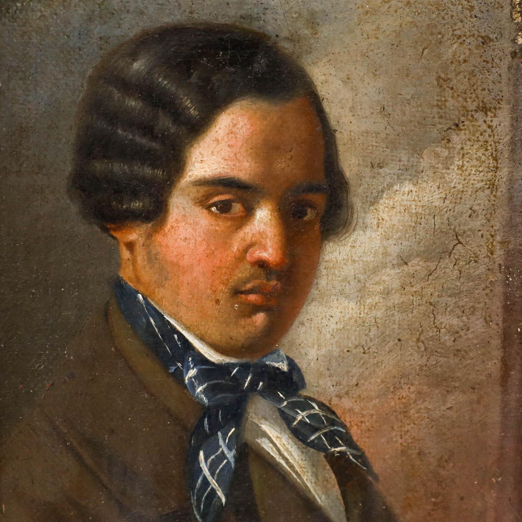 This intimate portrait depicts a young man with dark hair rendered in warm, earthy tones against a muted background. The sitter sports an eye-catching blue chequered neckerchief. The artist captures the subject's contemplative gaze with skilful