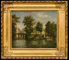 French School 19th Century Oil - On the Riverbanks