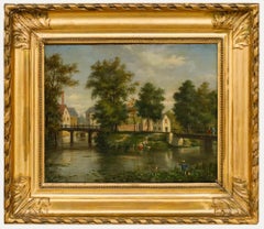 French School 19th Century Oil - On the Riverbanks