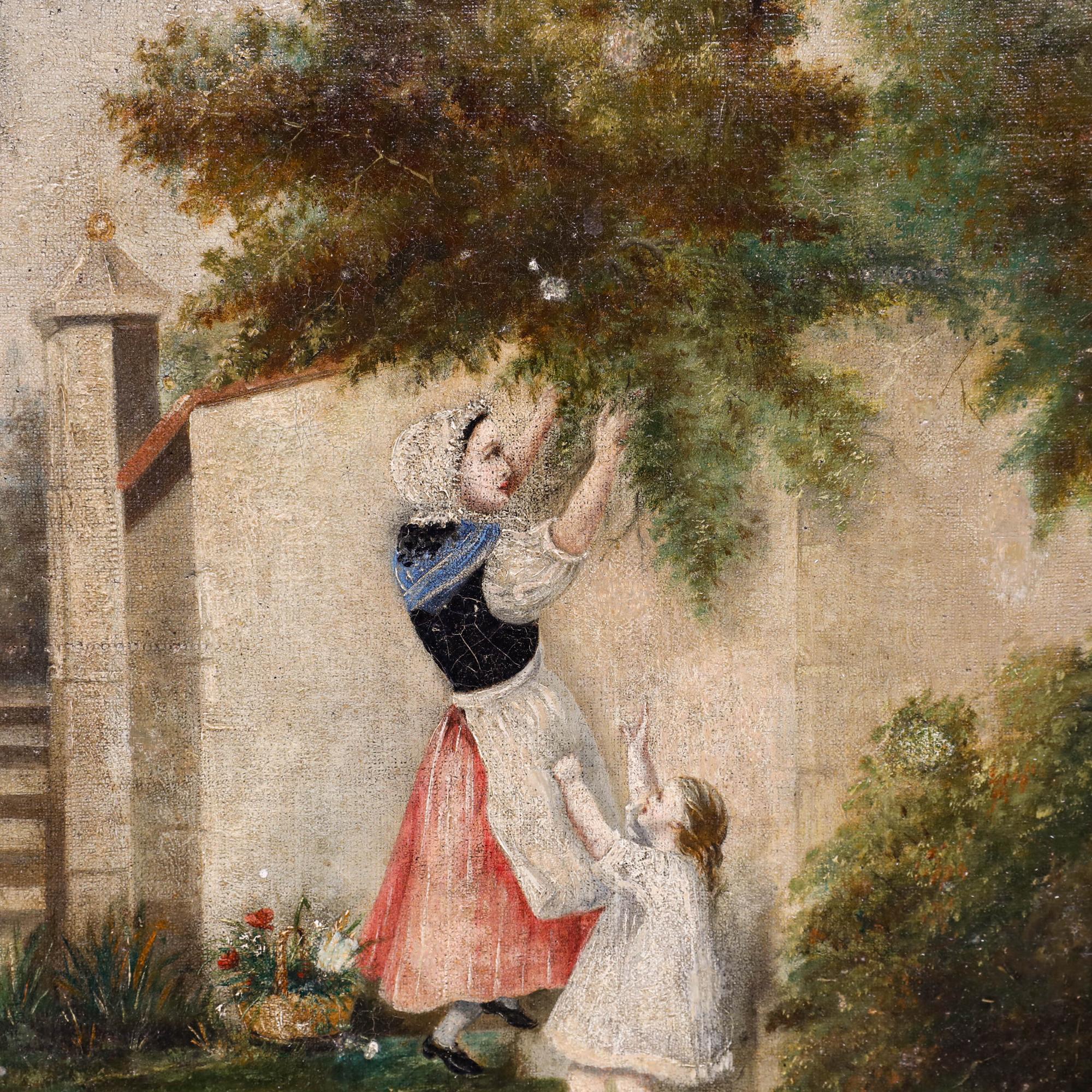This charming pastoral scene depicts a mother and child in a garden setting, with one reaching up towards the branches pruning a tree. The artist captures the scene in a folk style, bringing a naive charm to the composition. Unsigned. Well presented