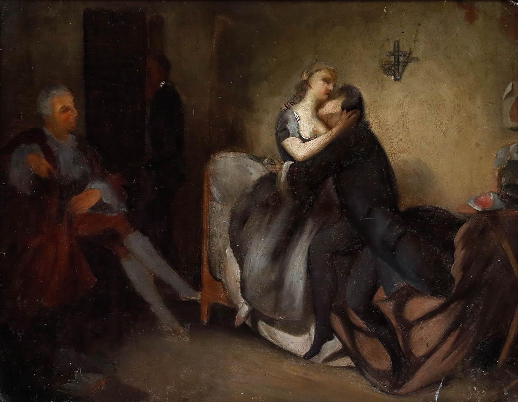 French School 19th Century Oil - The Lovers - Painting by Unknown