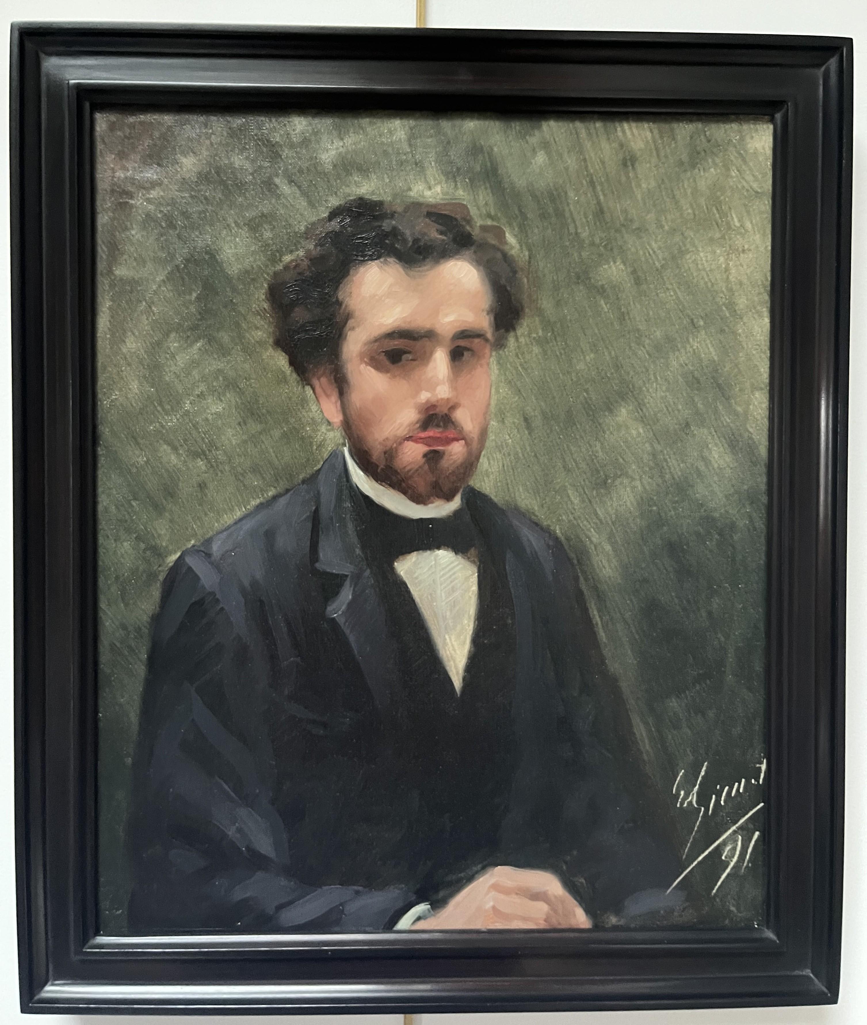 Scuola francese del XIX secolo, Ritratto di giovane uomo, 1891, firmato e datato - Portrait Painting Nero di Unknown