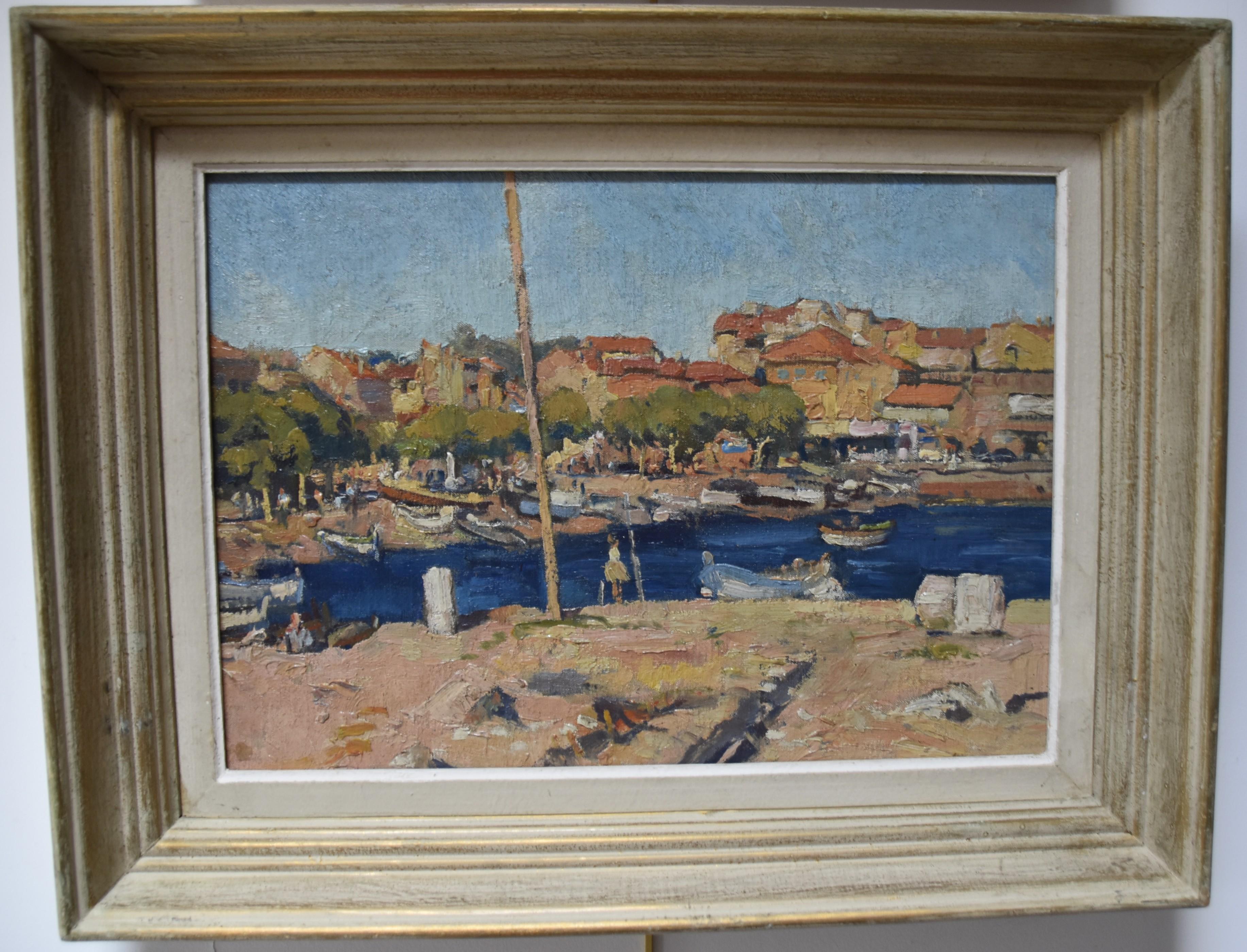 French school 20th century, A Port in Southern France, oil on canvas - Painting by Unknown
