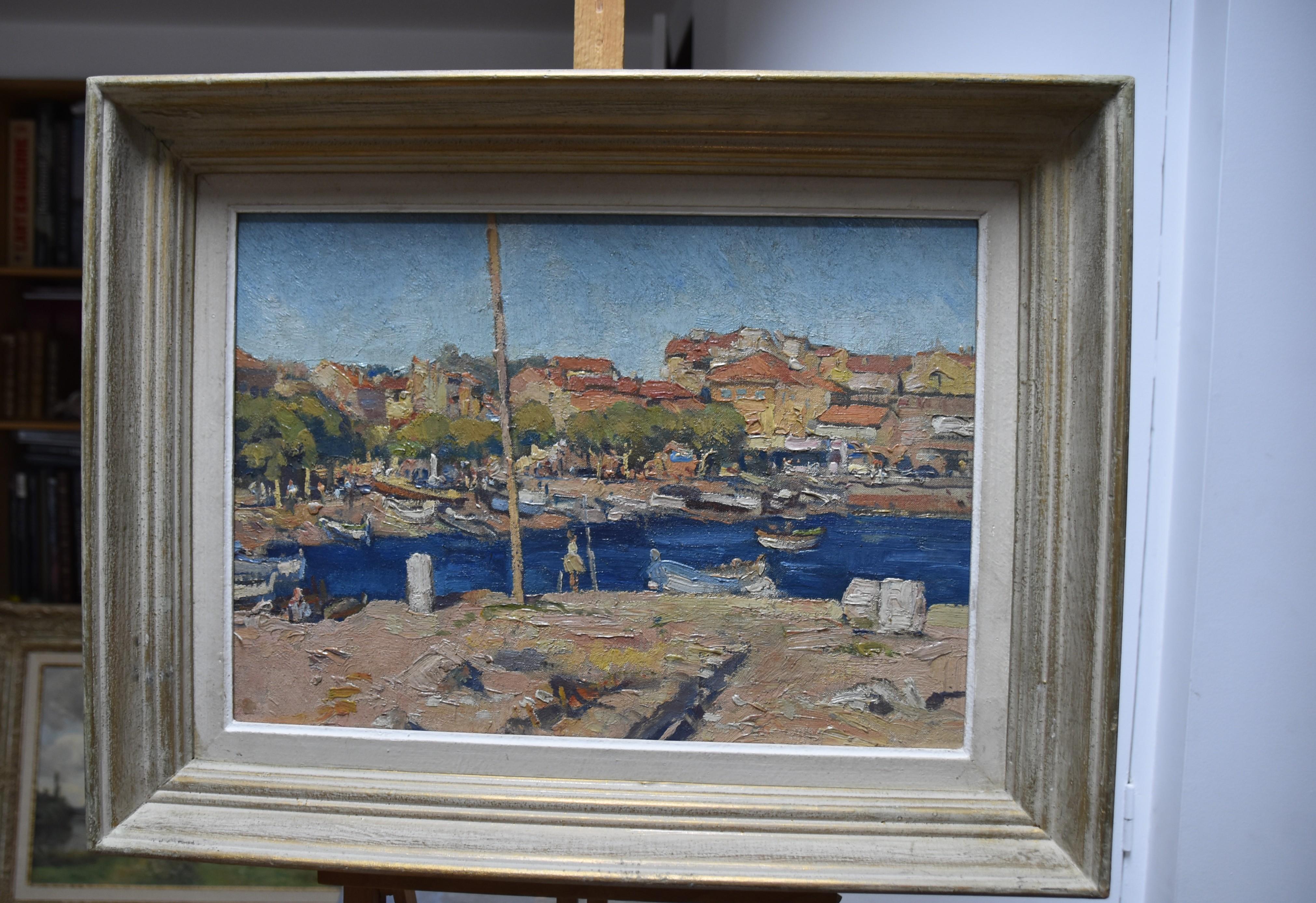 French school 20th century, A Port in Southern France, oil on canvas - Post-Impressionist Painting by Unknown