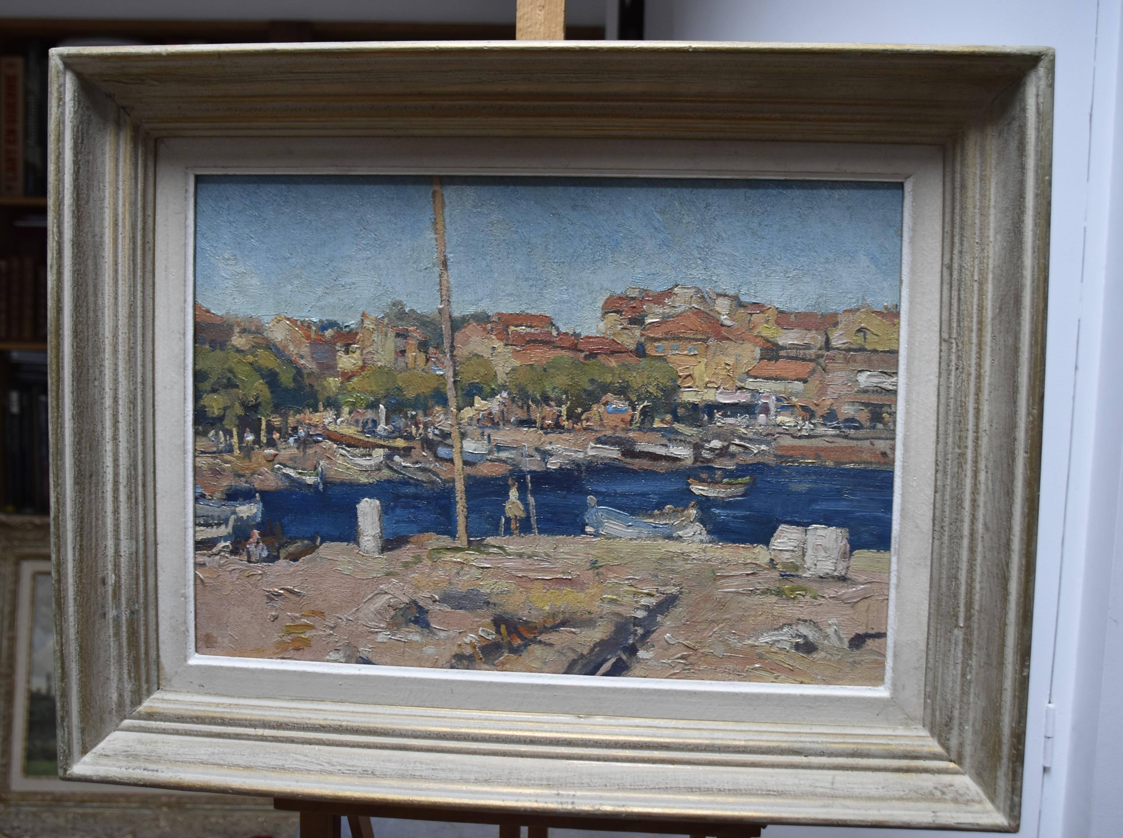 French school 20th century, 
A Port in Southern France, 
oil on canvas transfered on wood panel
33 x 45 cm
In good condition
In its original frame : 45 x 58 cm

