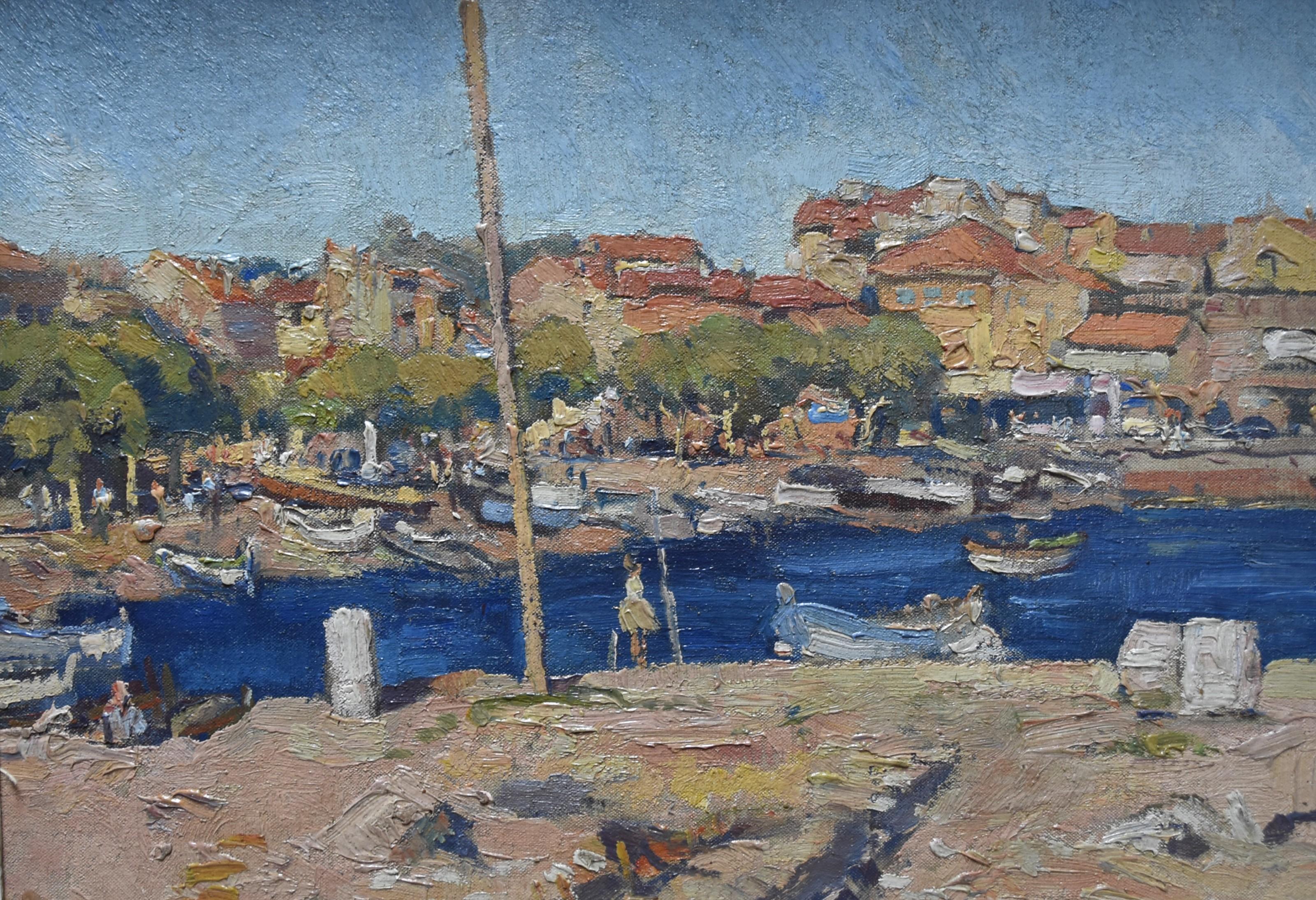 Unknown Figurative Painting - French school 20th century, A Port in Southern France, oil on canvas