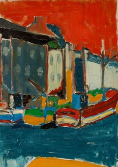 French School 20th Century Oil - Boats at Quay