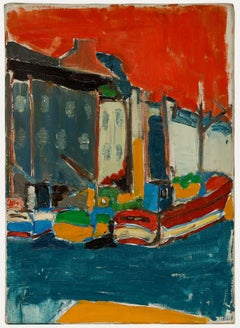 French School 20th Century Oil - Boats at Quay
