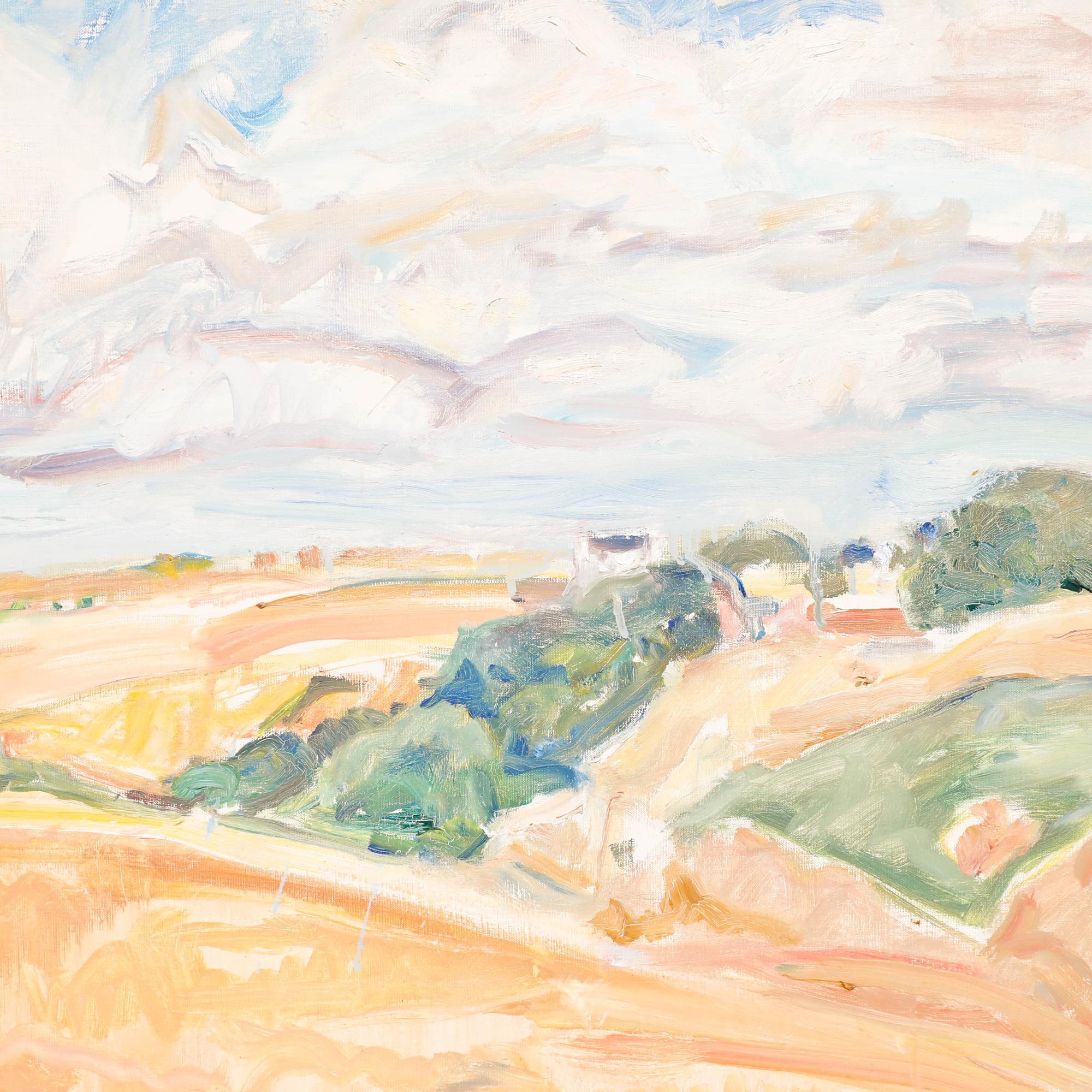This pastoral landscape painting captures rolling countryside fields rendered in warm earth tones of ochre, amber, and rust, punctuated by verdant patches of green vegetation and distant farm buildings. The composition is dominated by a dramatic sky