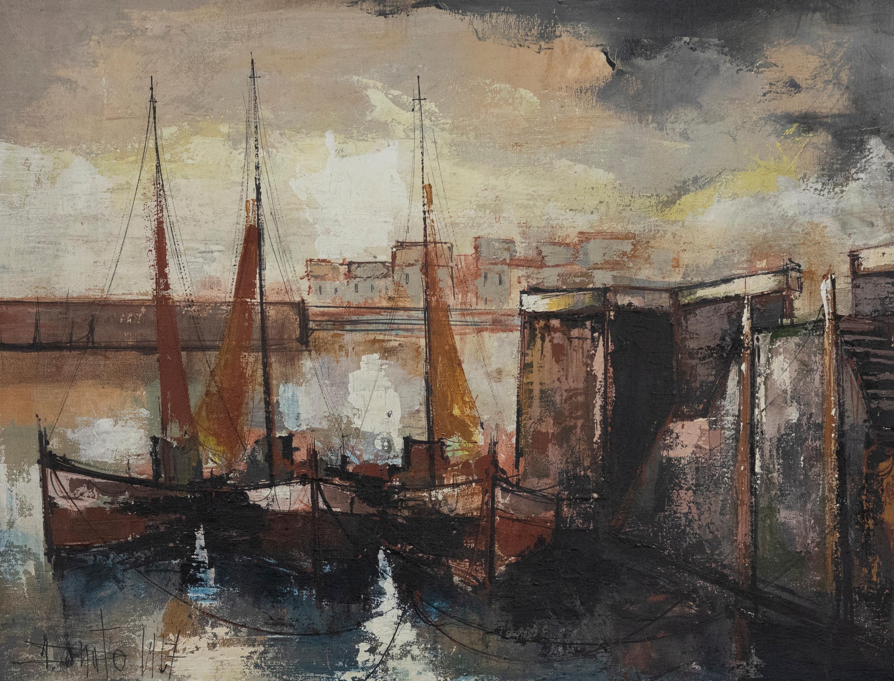 French School  20th Century Oil - The Harbour At Dusk - Painting by Unknown