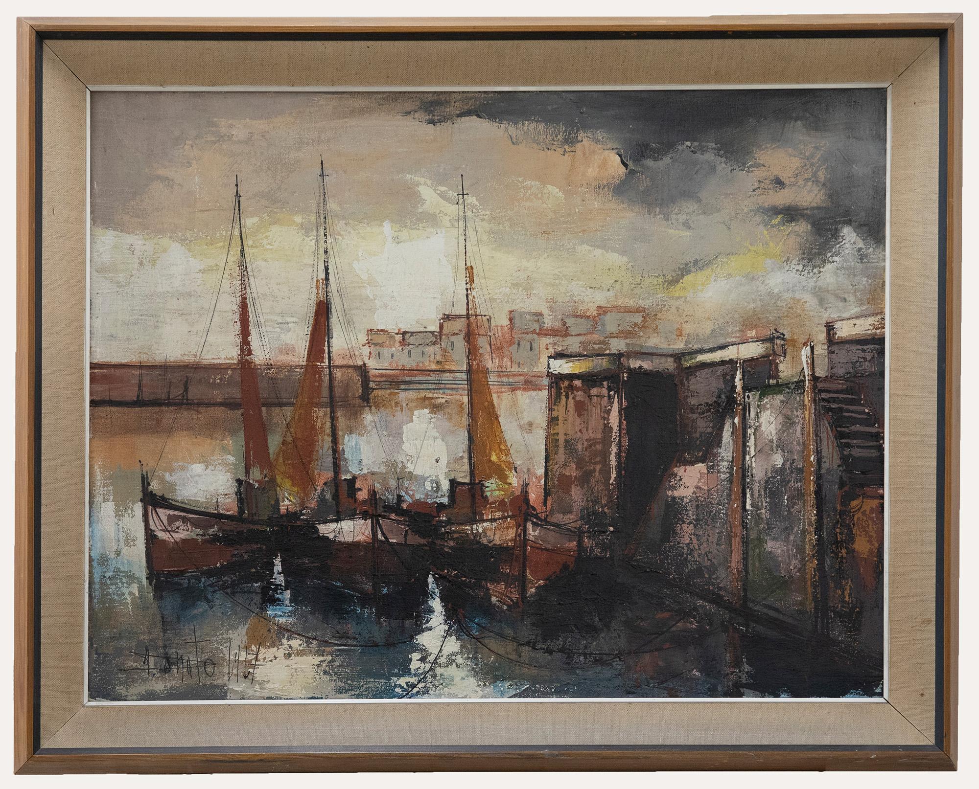 Unknown Figurative Painting - French School  20th Century Oil - The Harbour At Dusk