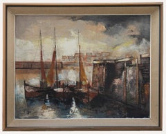 French School  20th Century Oil - The Harbour At Dusk