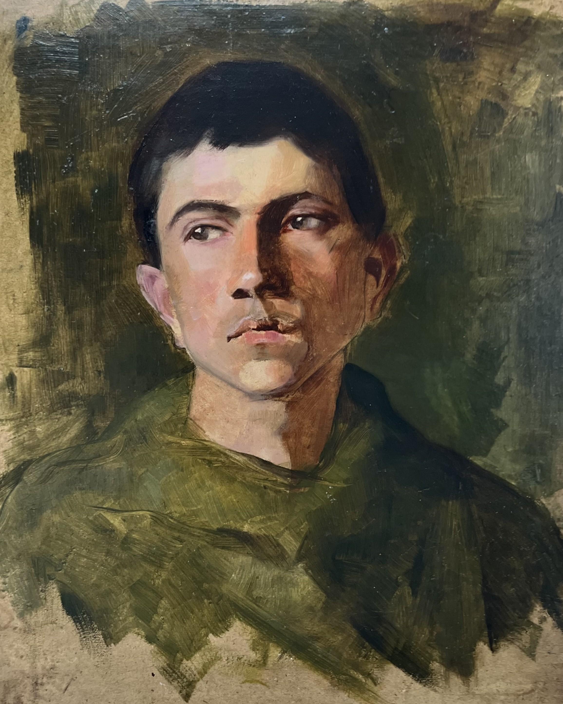 Ecole française 20e siècle, Portrait d'un jeune homme en vert, huile en vente 5