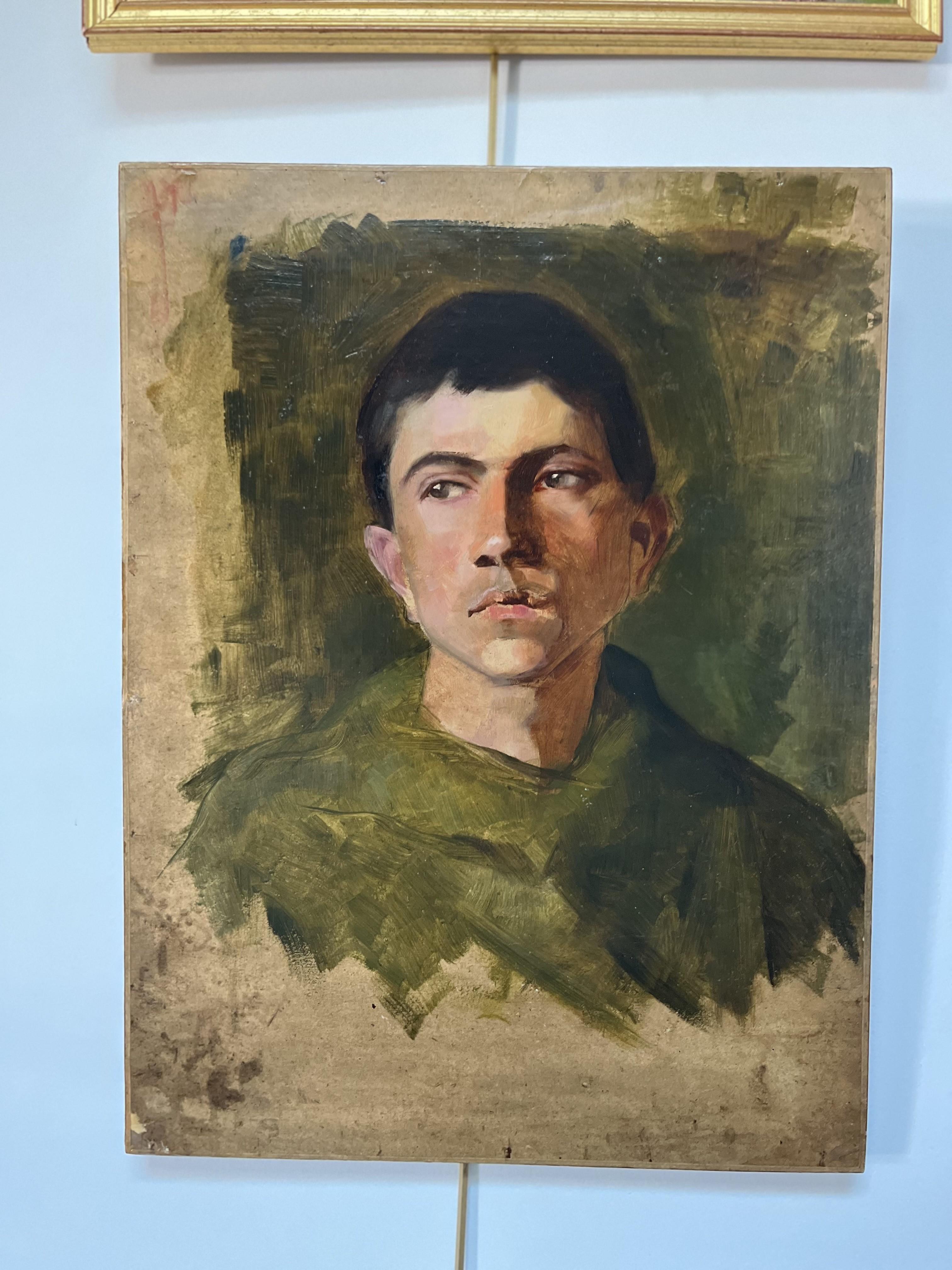 Ecole française 20e siècle, Portrait d'un jeune homme en vert, huile - Painting de Unknown
