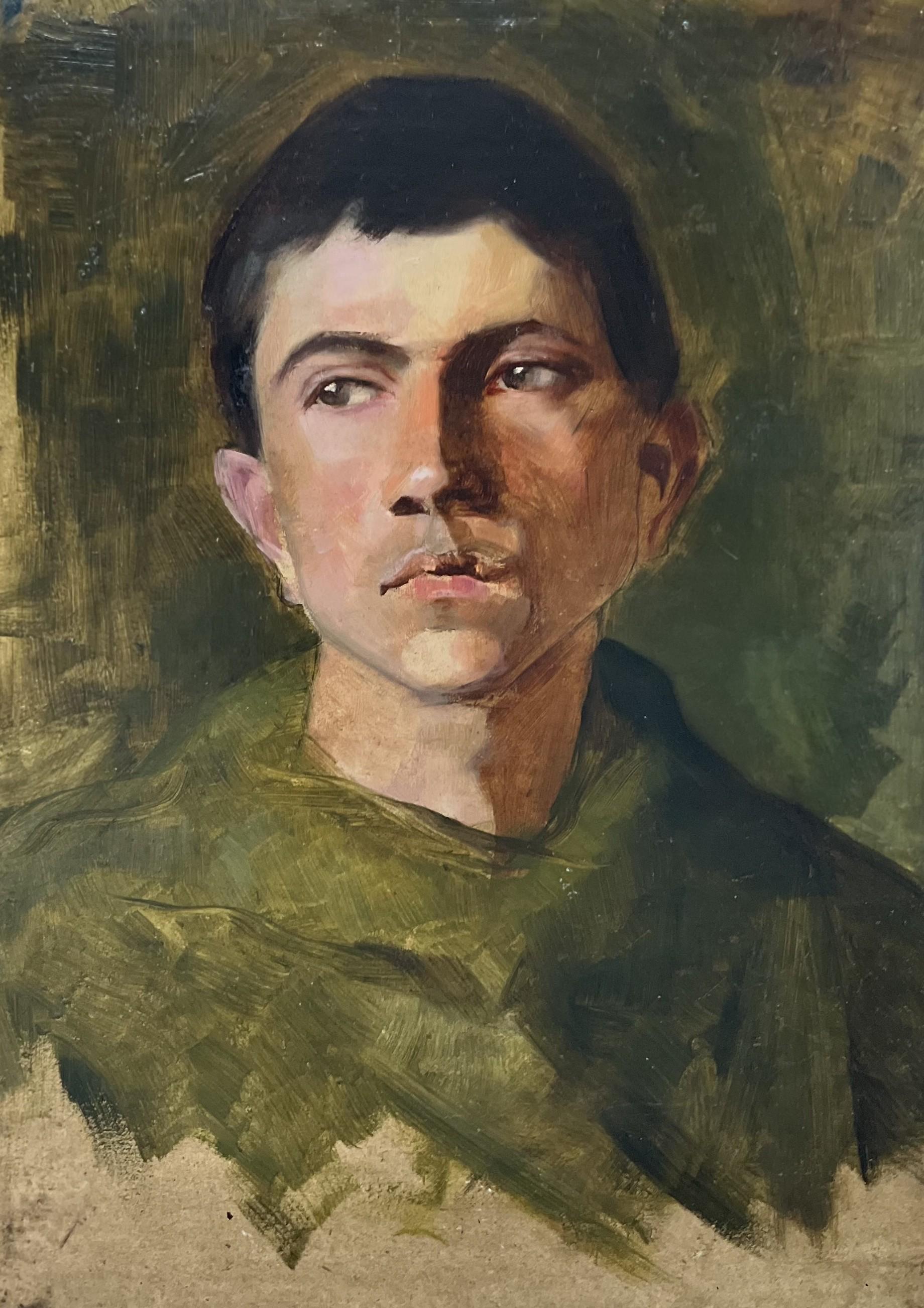 Ecole française 20e siècle, Portrait d'un jeune homme en vert, huile - Moderne Painting par Unknown