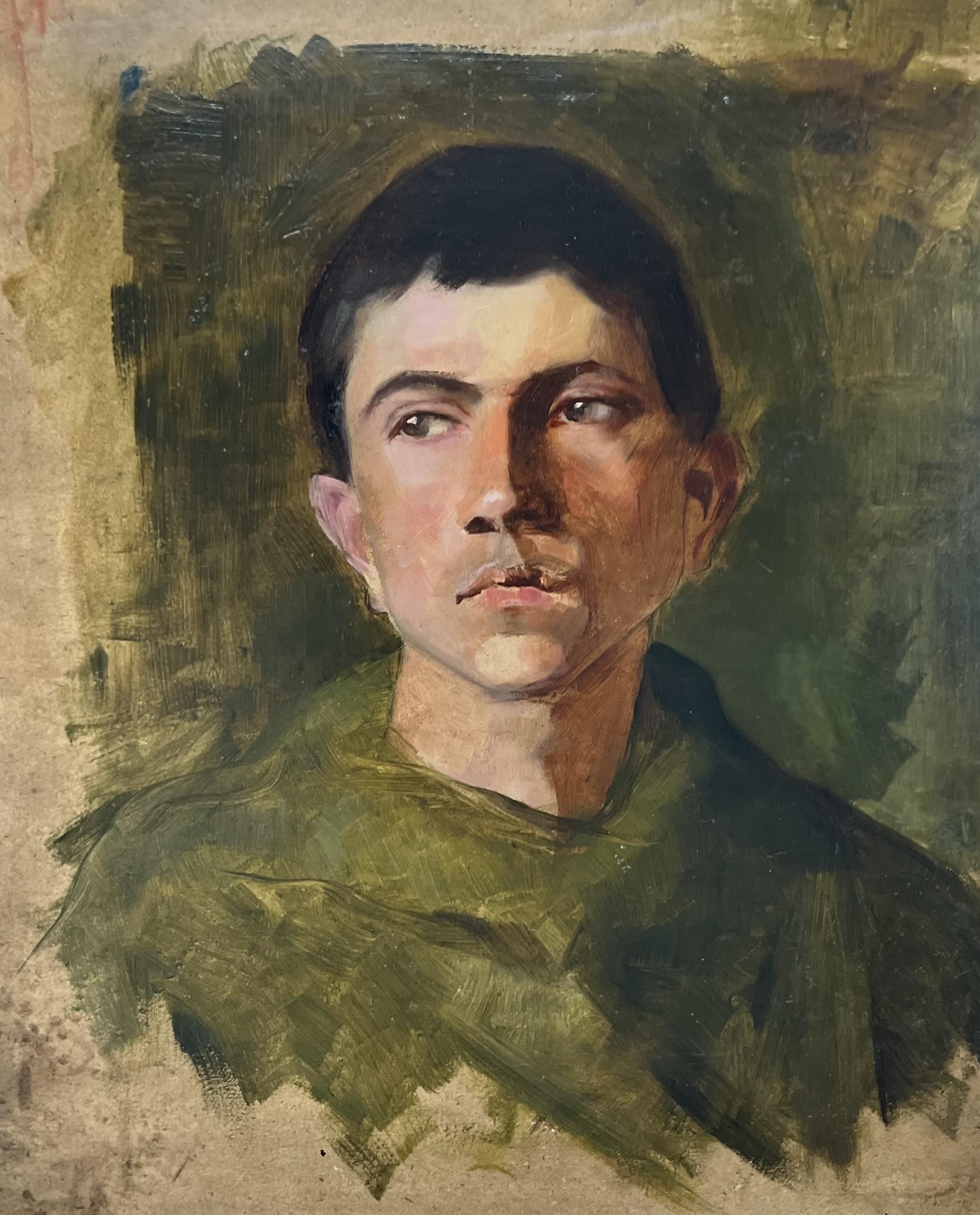 Ecole française 20e siècle, Portrait d'un jeune homme en vert, huile en vente 1