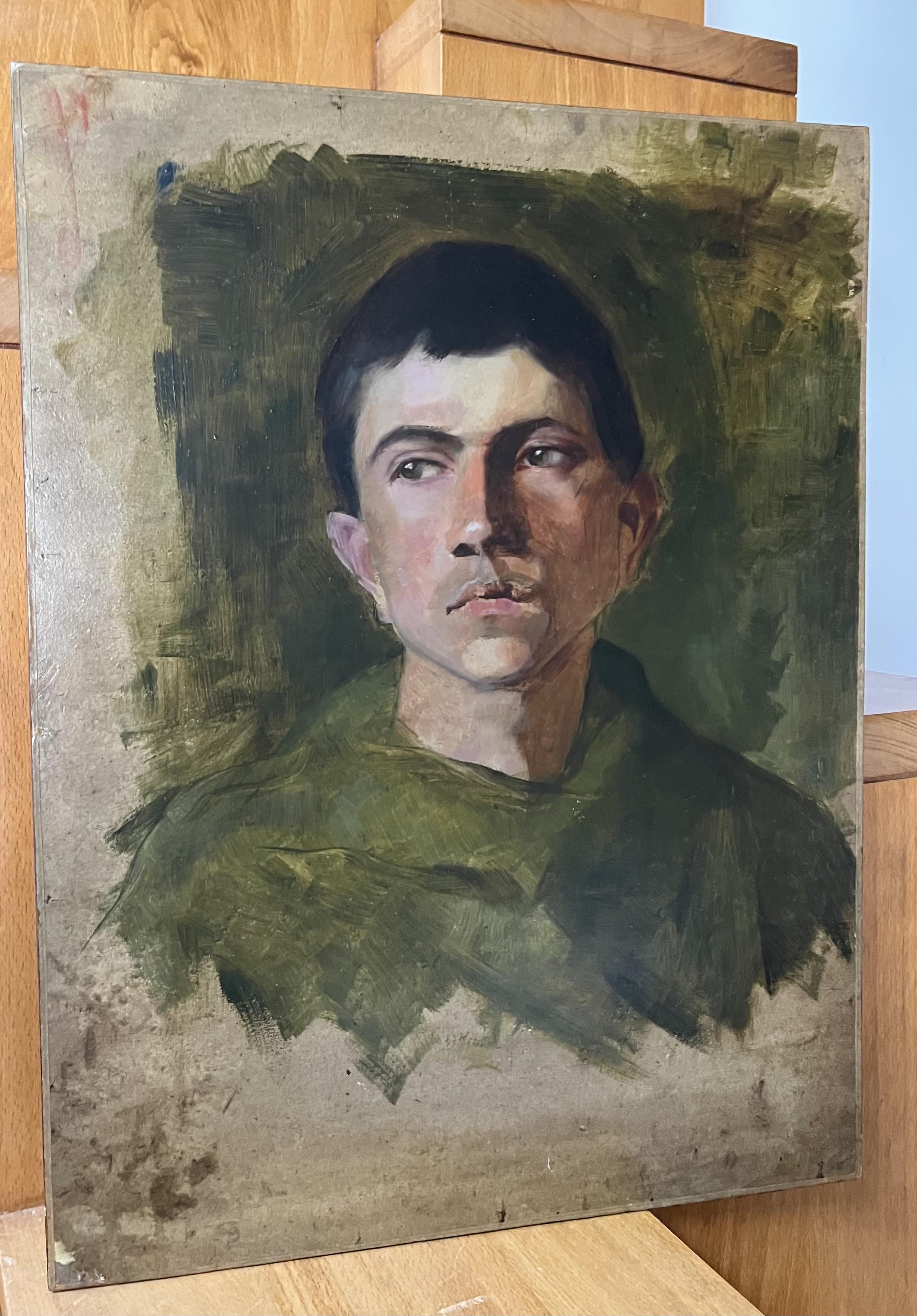 Ecole française 20e siècle, Portrait d'un jeune homme en vert, huile en vente 4