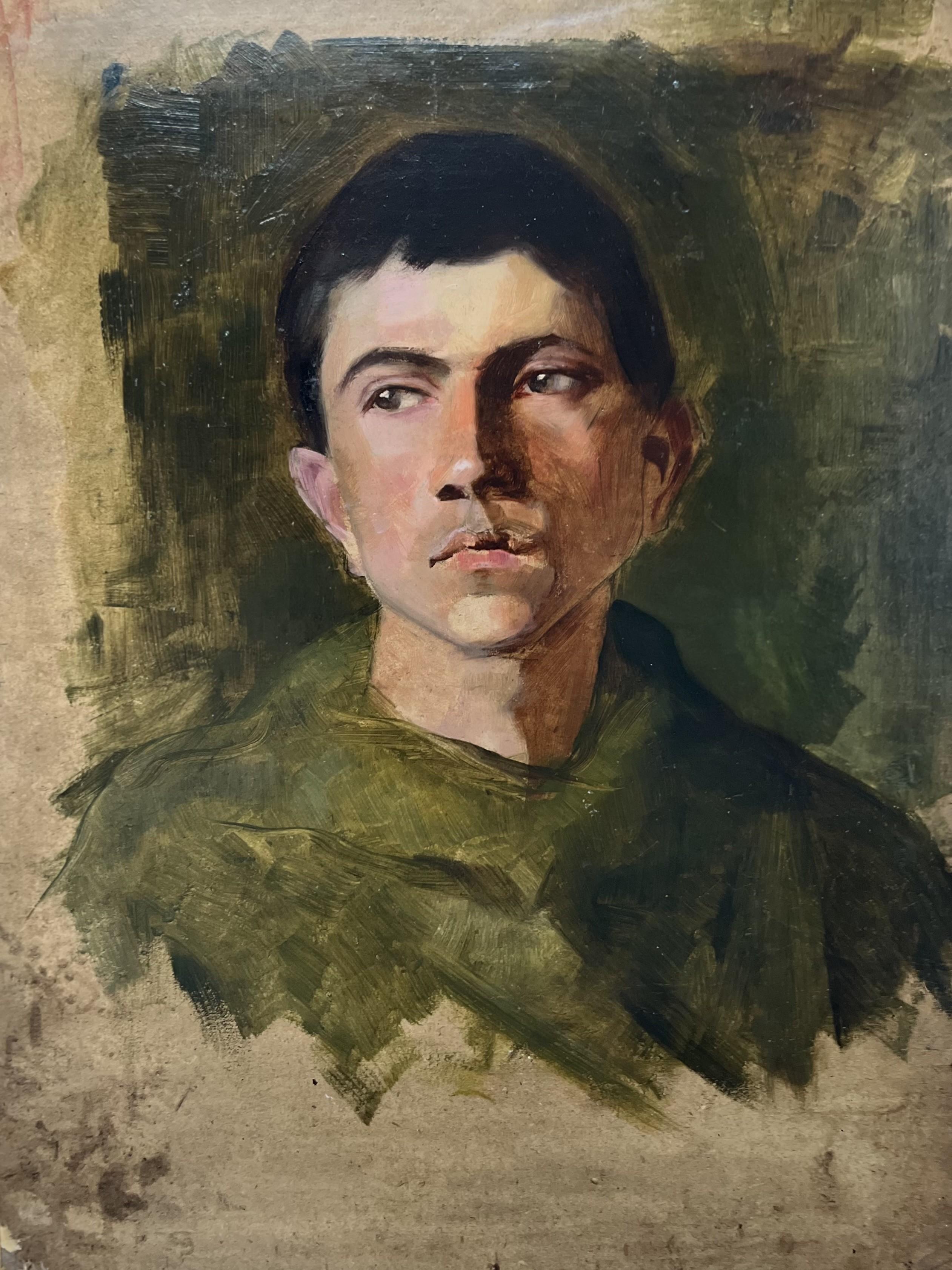 Scuola francese XX secolo, Ritratto di giovane uomo in verde, olio