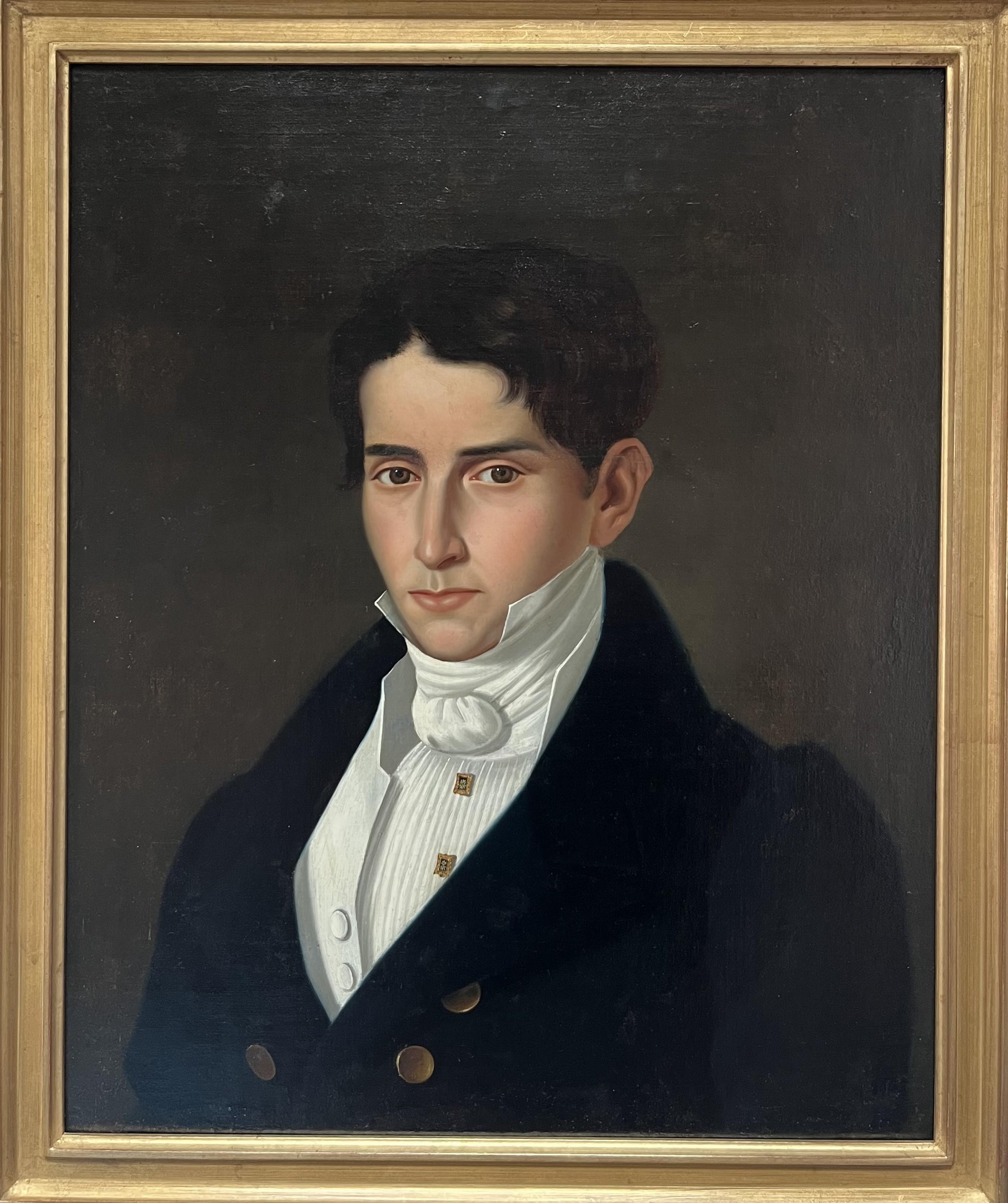 Französische Schule um 1830, Porträt eines Herrn, Öl auf Leinwand, signiert und datiert – Painting von Unknown