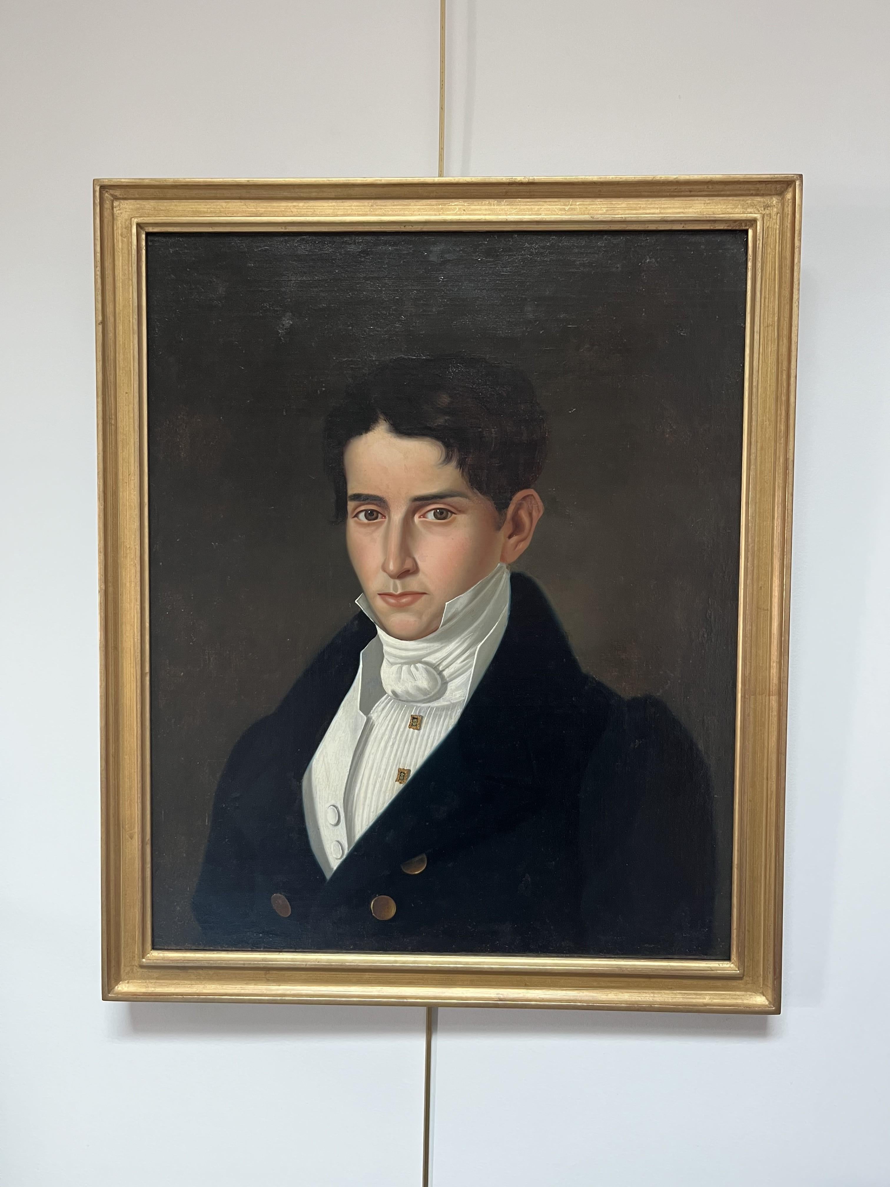 Französische Schule um 1830, Porträt eines Herrn, Öl auf Leinwand, signiert und datiert (Schwarz), Portrait Painting, von Unknown