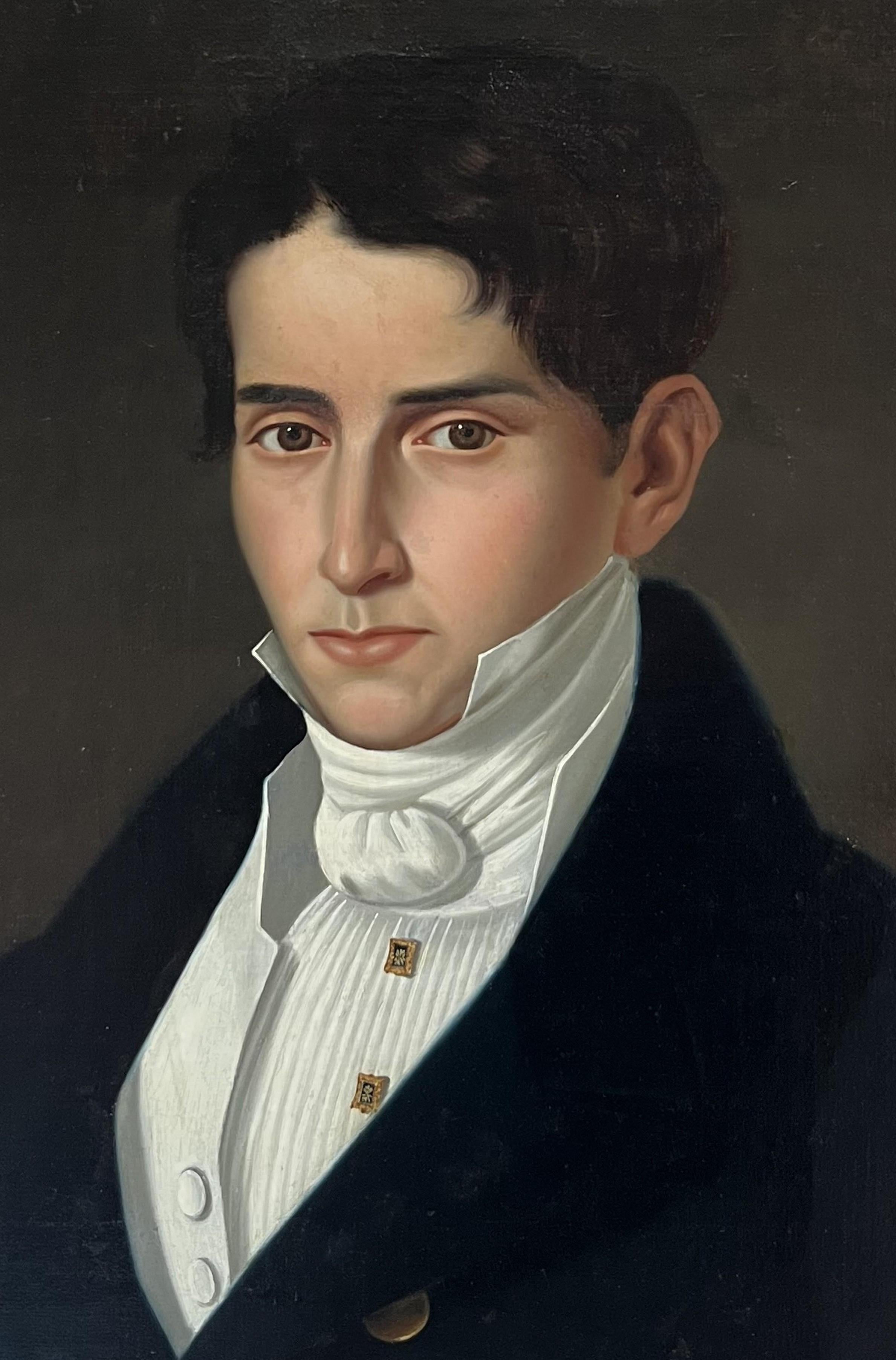 Französische Schule in der ersten Hälfte des 19.
Porträt eines jungen Mannes
Signiert (unleserlich) und datiert 1831 oder 1837 ? (siehe Detailfoto)
Öl auf Leinwand 
61.5 x 50 cm
In gutem Zustand, wahrscheinlich im vergangenen Jahrhundert neu