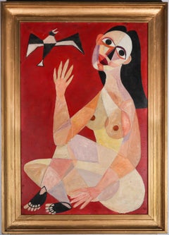 Vintage French School c.1960 Oil - Cubist Nude with Magpie