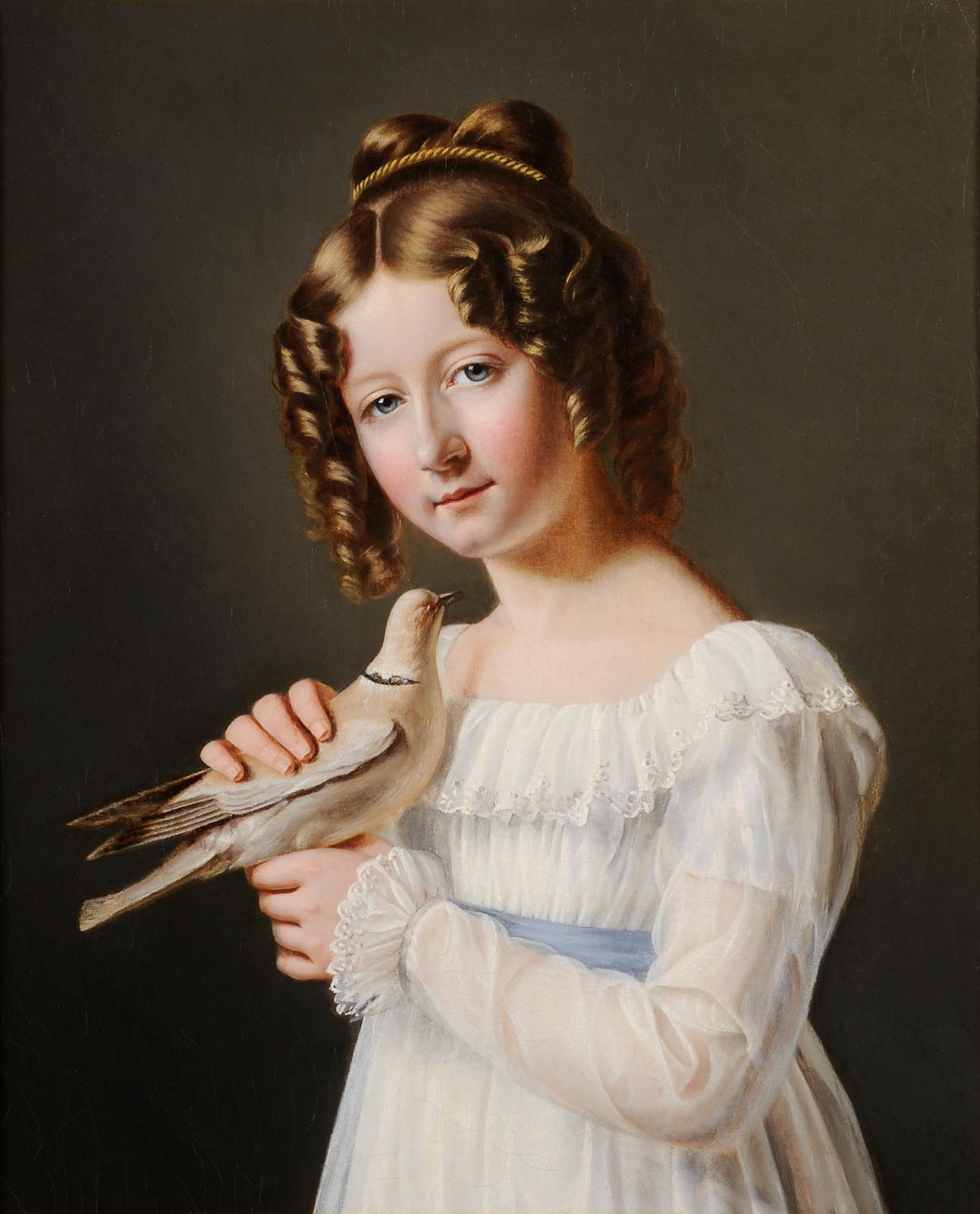French school circa 1820 - Portrait of a girl with a dove - Painting by Unknown