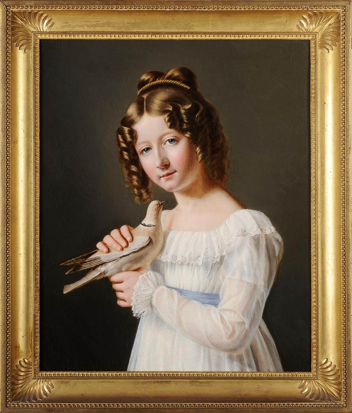 French school circa 1820 - Portrait of a girl with a dove