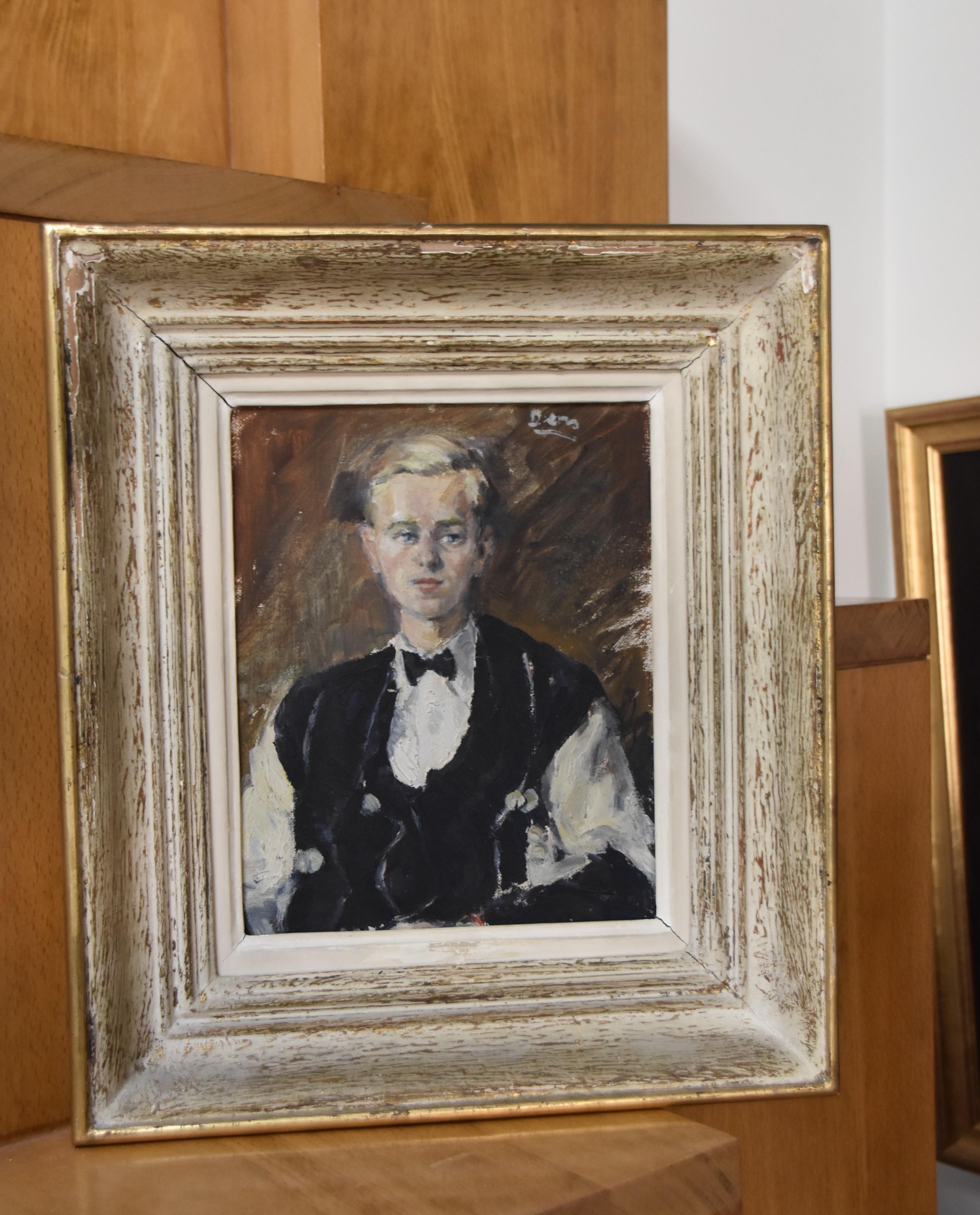 French school circa 1930, Portrait of a young man, oil   - Black Portrait Painting by Unknown