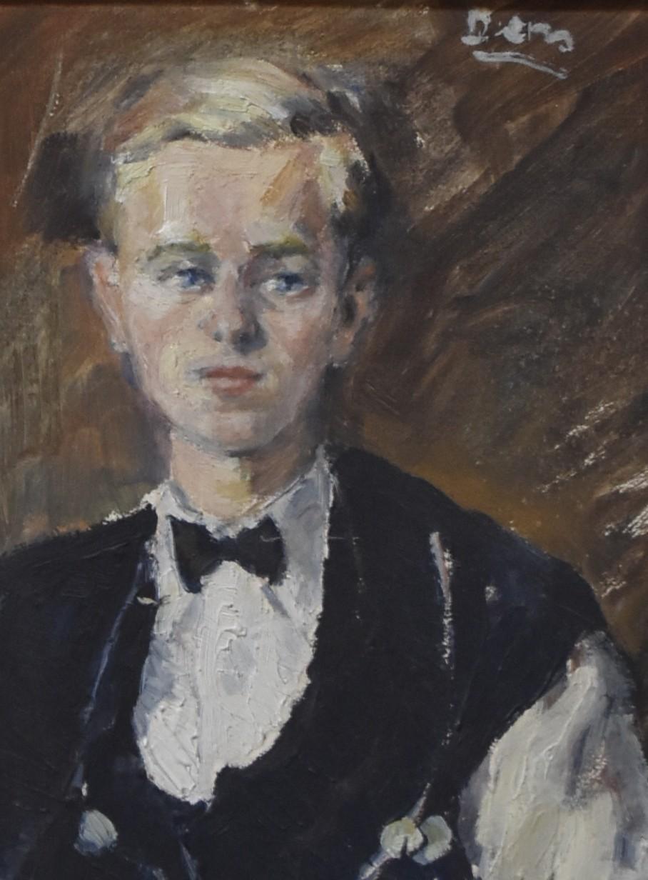 French school circa 1930, Portrait of a young man with blue eyes, oil   - Modern Painting by Unknown