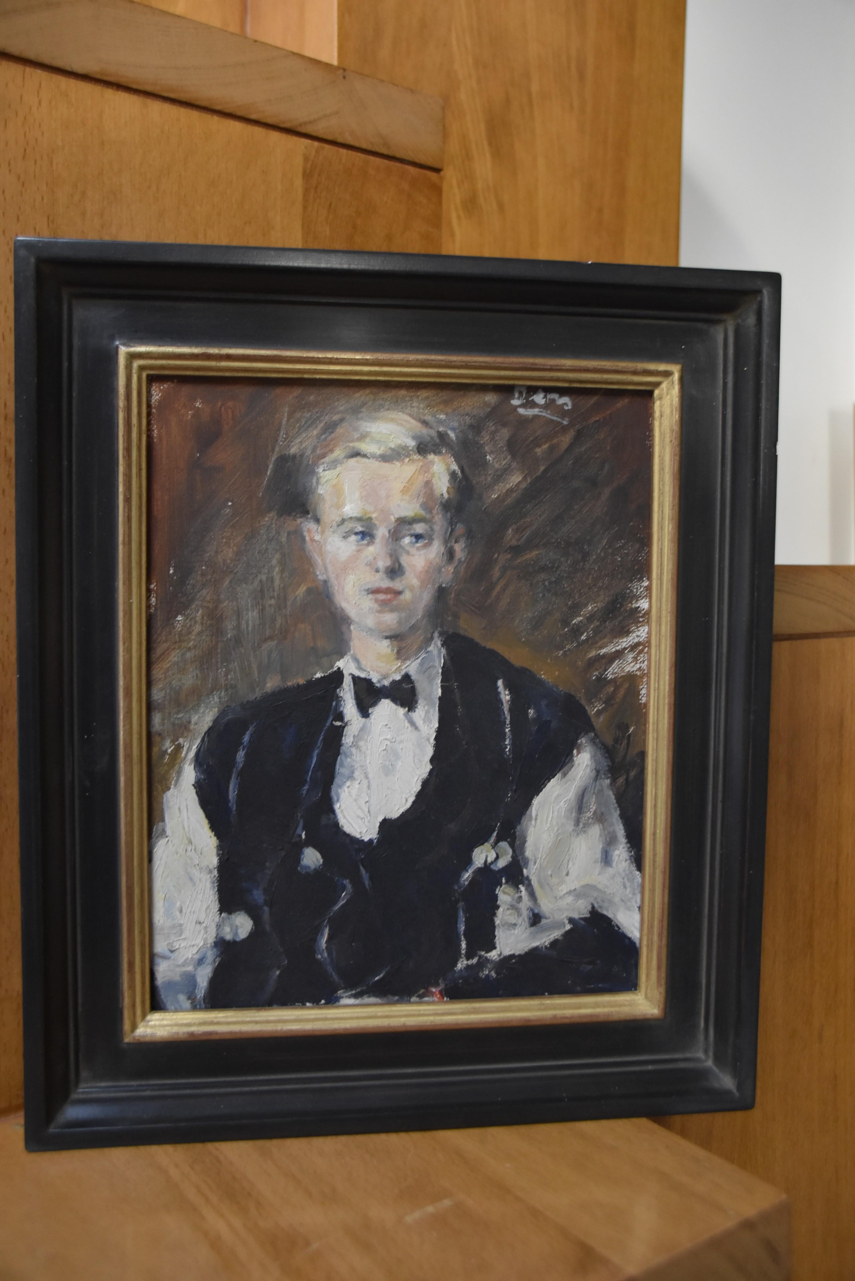 French school circa 1930, Portrait of a young man with blue eyes, oil   For Sale 2