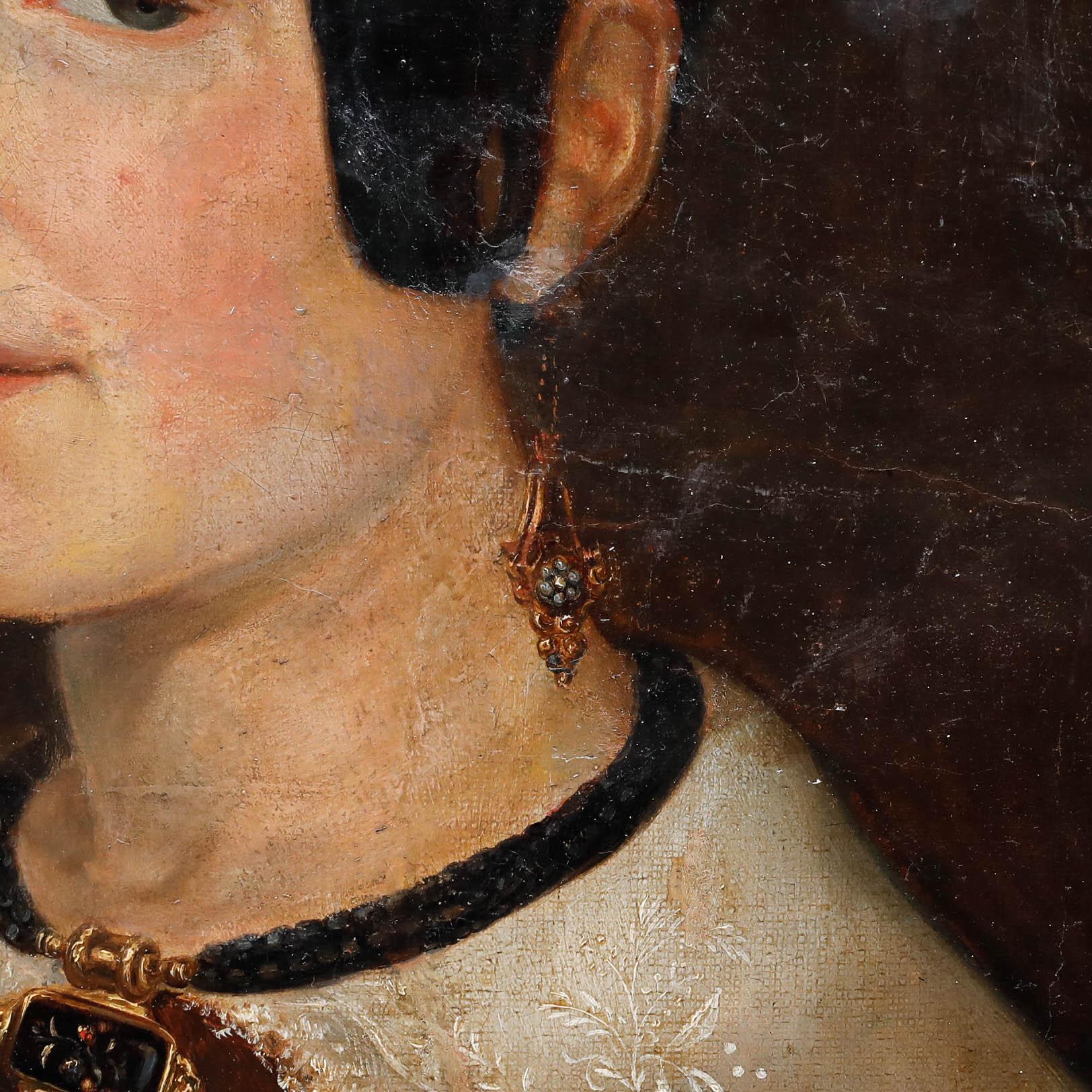 This formal portrait depicts a woman from the early 19th century, rendered with careful attention to period dress, including her dark hair styled in a fashionable updo and a brown dress adorned with an elegant white lace collar and decorative