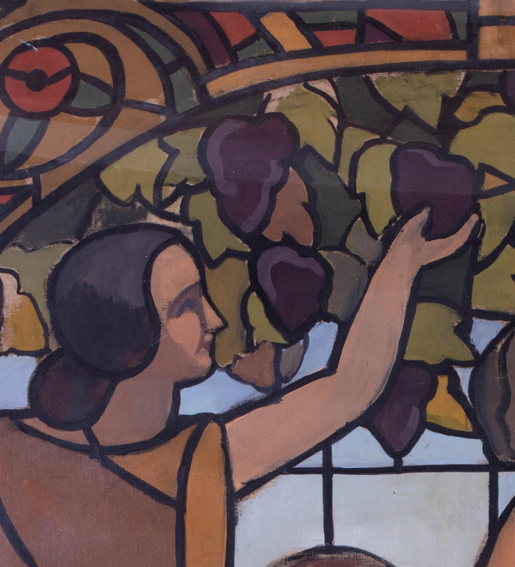 French School, early 20th C, art deco stained glass design of grape pickers - Painting by Unknown