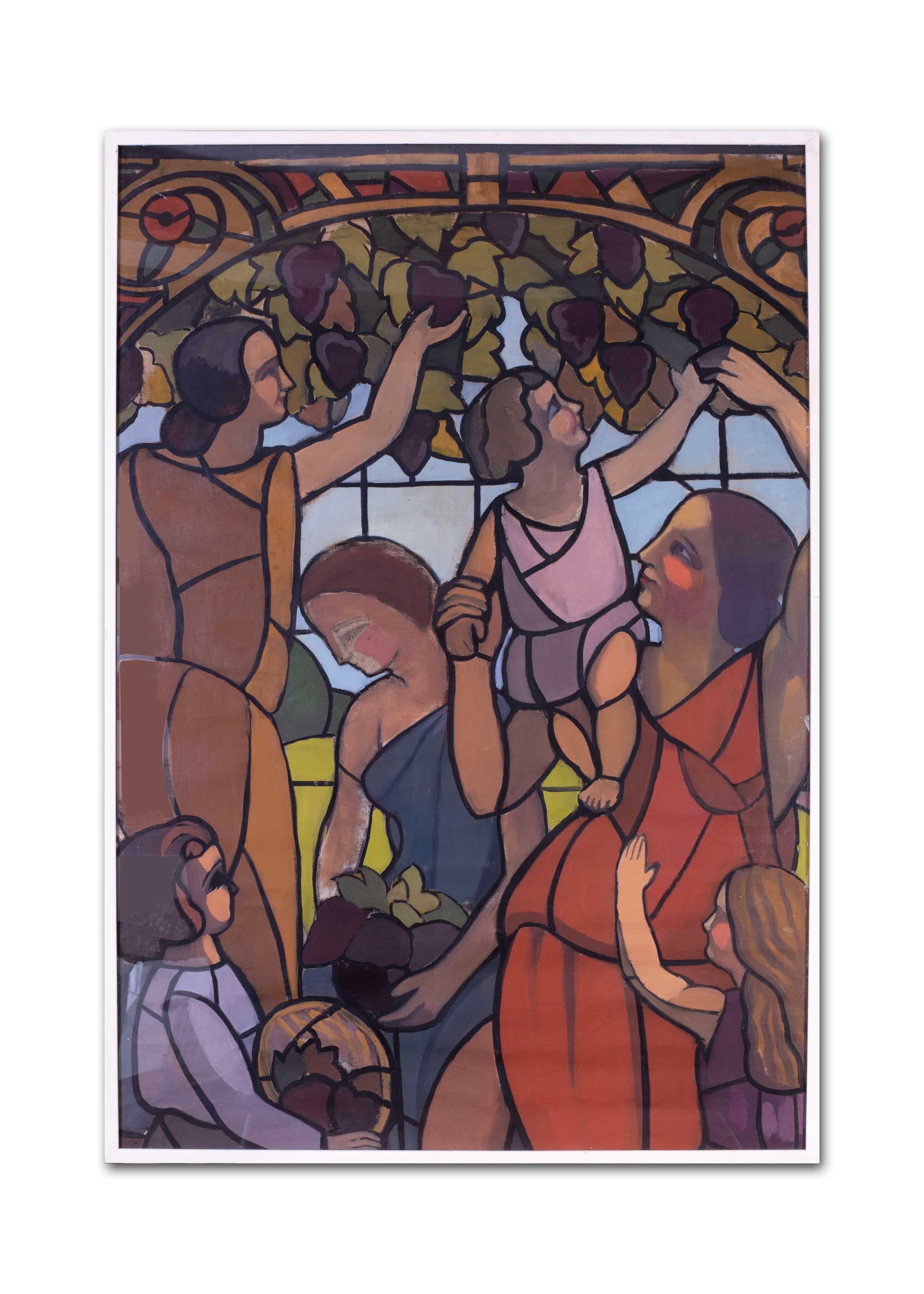 Unknown Figurative Painting - French School, early 20th C, art deco stained glass design of grape pickers