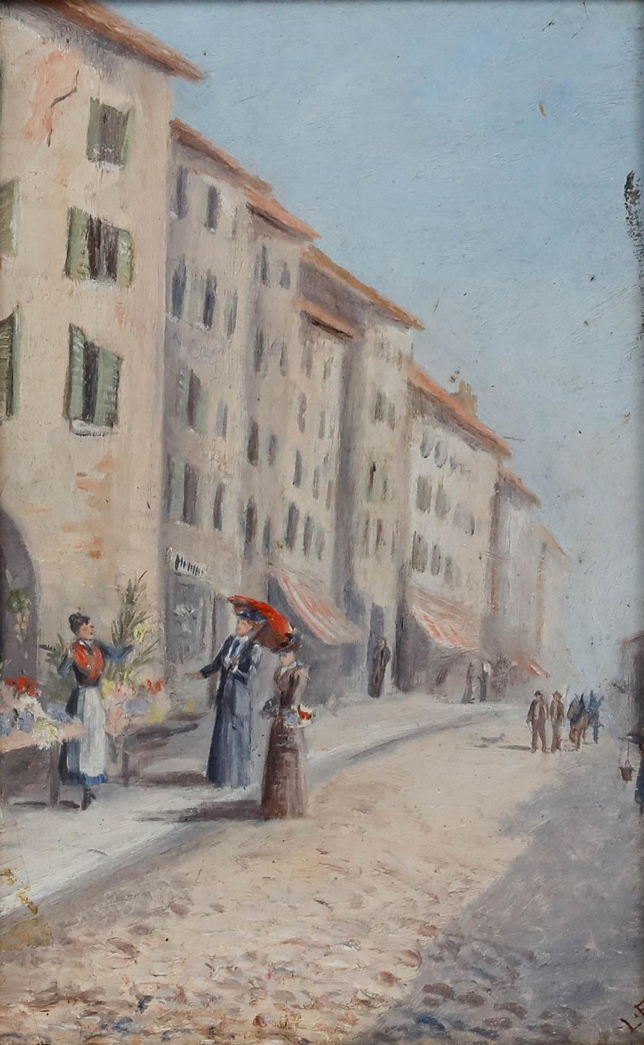 French School Early 20th Century Oil - Flower Seller in Menton - Painting by Unknown