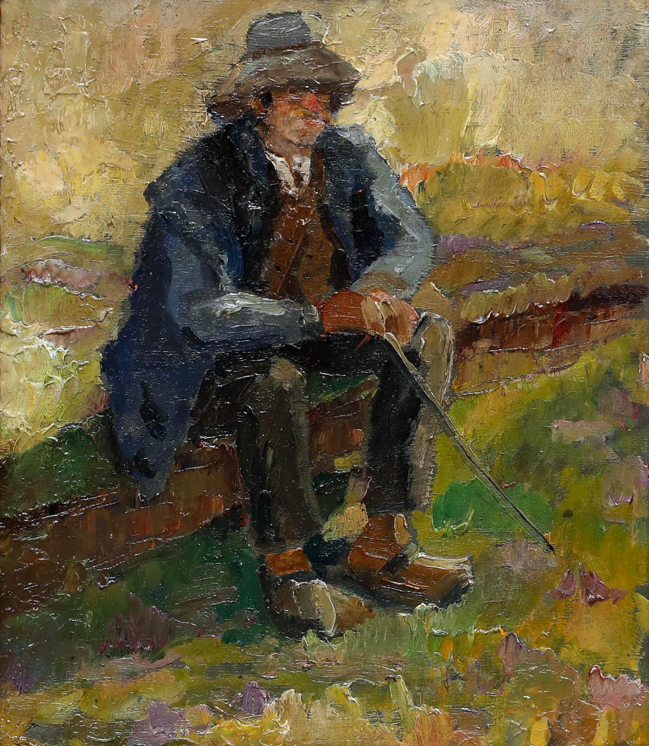 French School Early 20th Century Oil - Ramblers' Resting Spot - Painting by Unknown