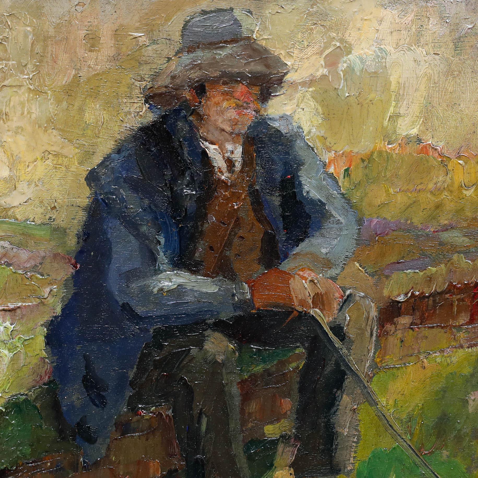 A charming rural portrait of a rambler resting on a log, captured with loose brushwork in an impasto style. The sitter is dressed in a brown waistcoat, blue blazer and wide-brimmed hat, sporting a pair of wooden clogs and a walking cane. Well
