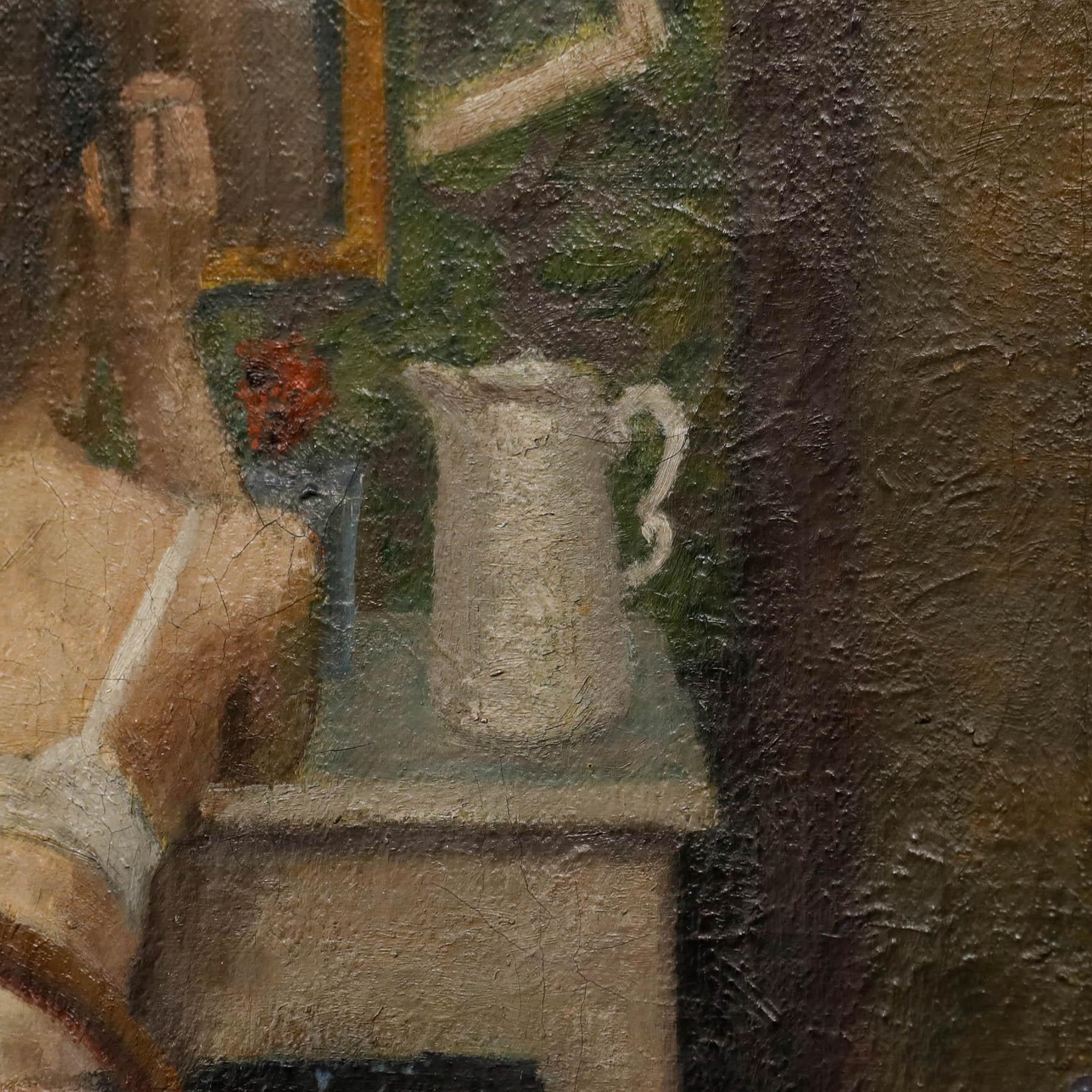 Questo carismatico dipinto a olio cattura una figura seduta davanti a una vanità, di spalle all'osservatore, circondata dal tenue bagliore di un interno poco illuminato. La composizione attira lo sguardo sul soggetto centrale, che si accascia sul
