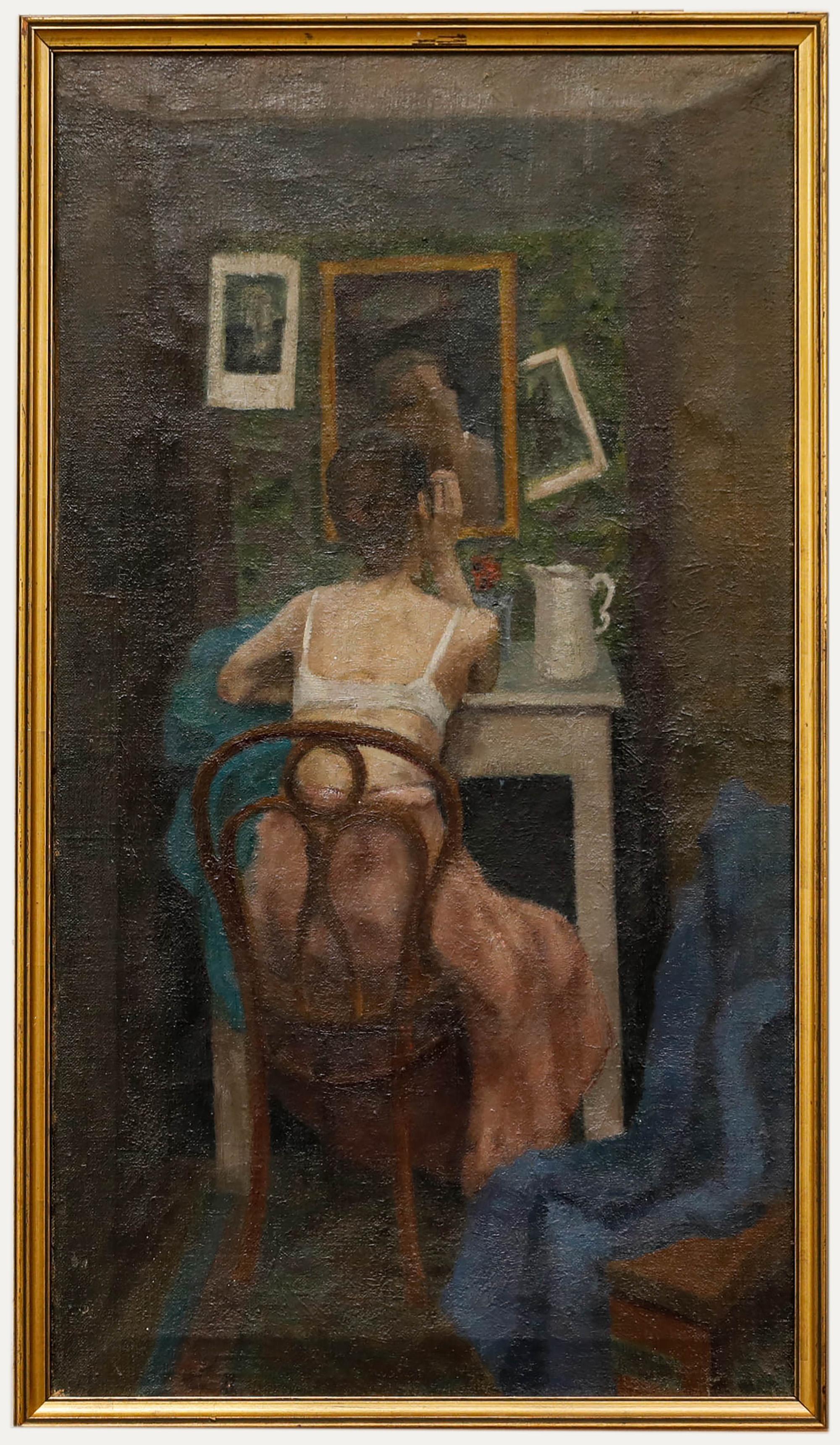 Portrait Painting di Unknown - Olio di scuola francese dell'inizio del XX secolo - La tavola da toeletta