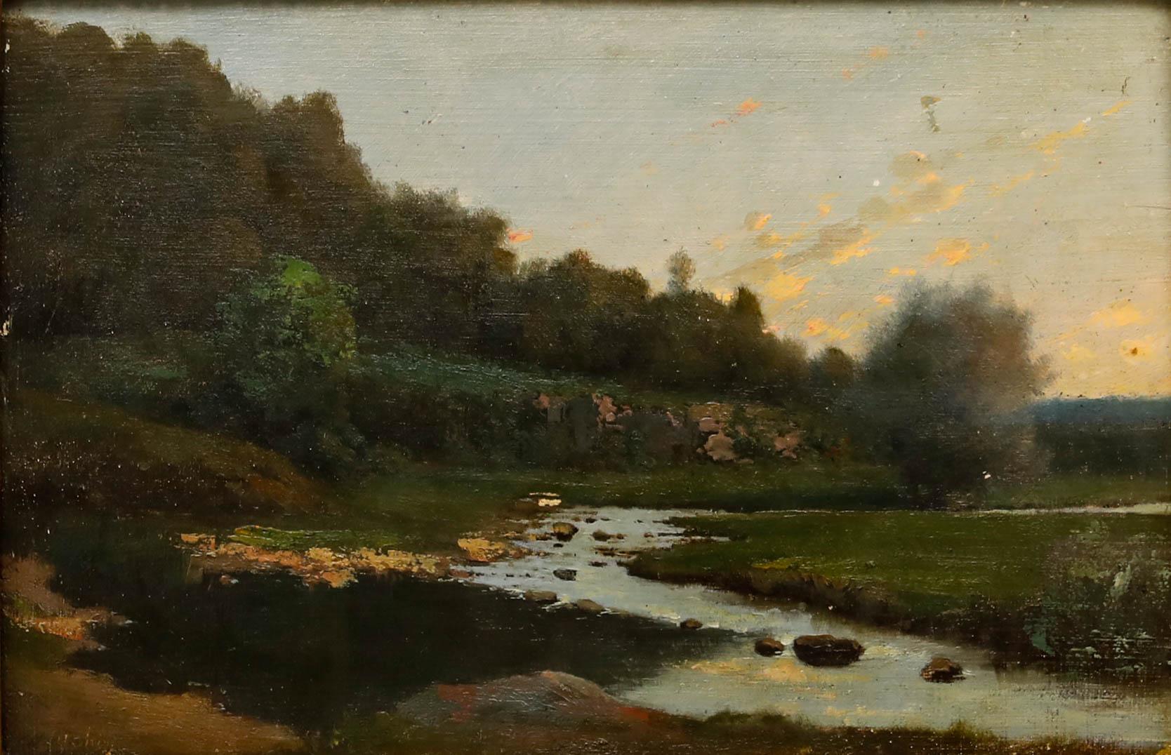 French School Early 20th Century Oil - The Stream At Twilight - Painting by Unknown