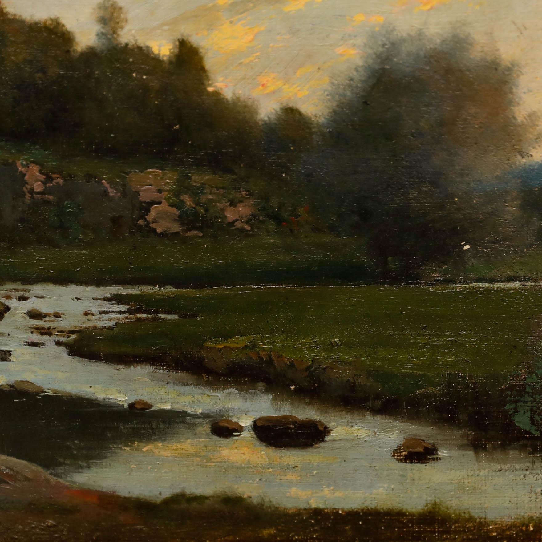 An extremely fine atmospheric landscape scene depicting a shallow stream on the verge of a forest. The artist captures the soft hues of light and deep shadows as the sun begins to set.

Signed illegibly to the lower left. Beautifully presented in a