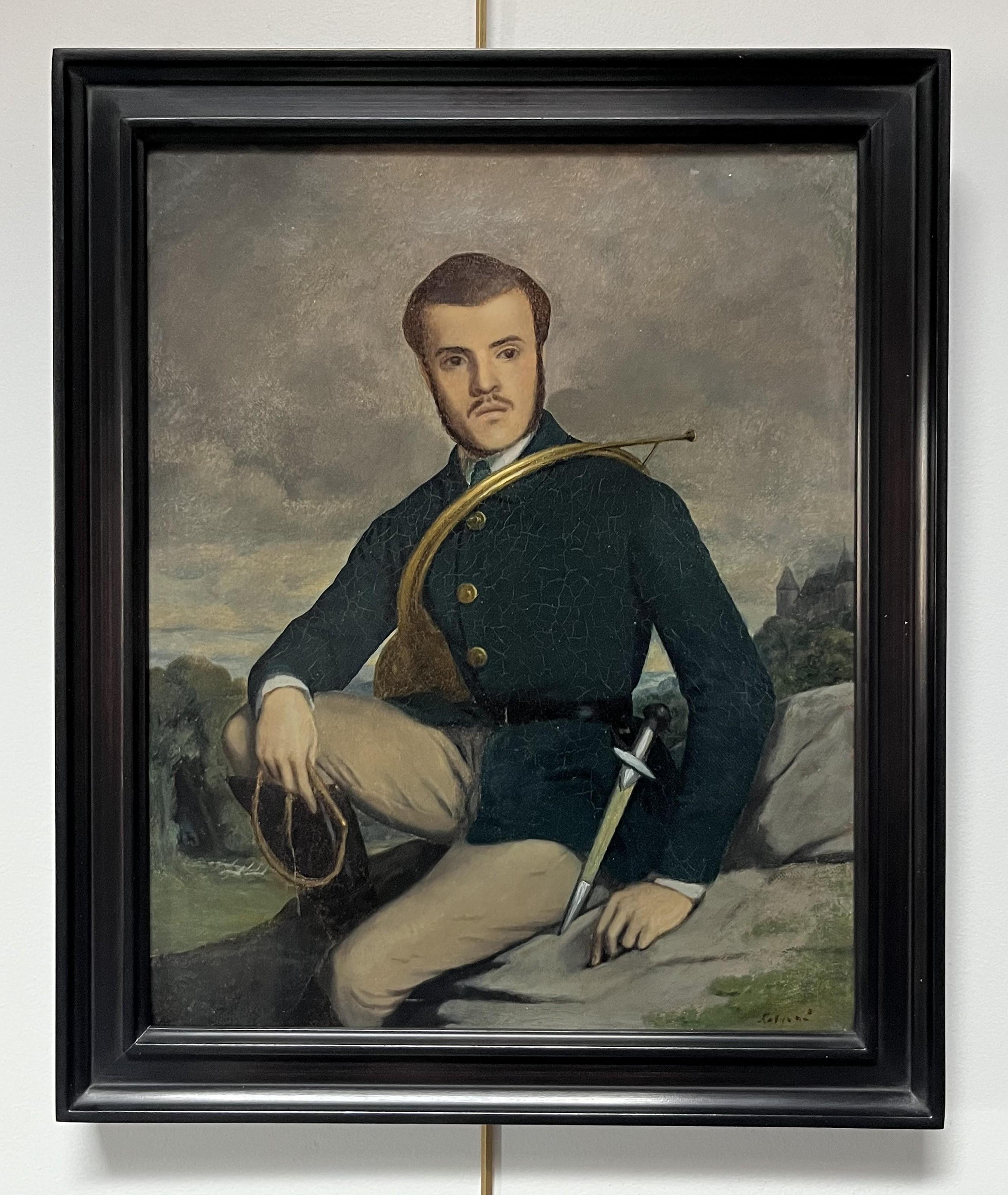 French school early 20th century, Portrait of a hunter, oil on canvas signed – Painting von Unknown