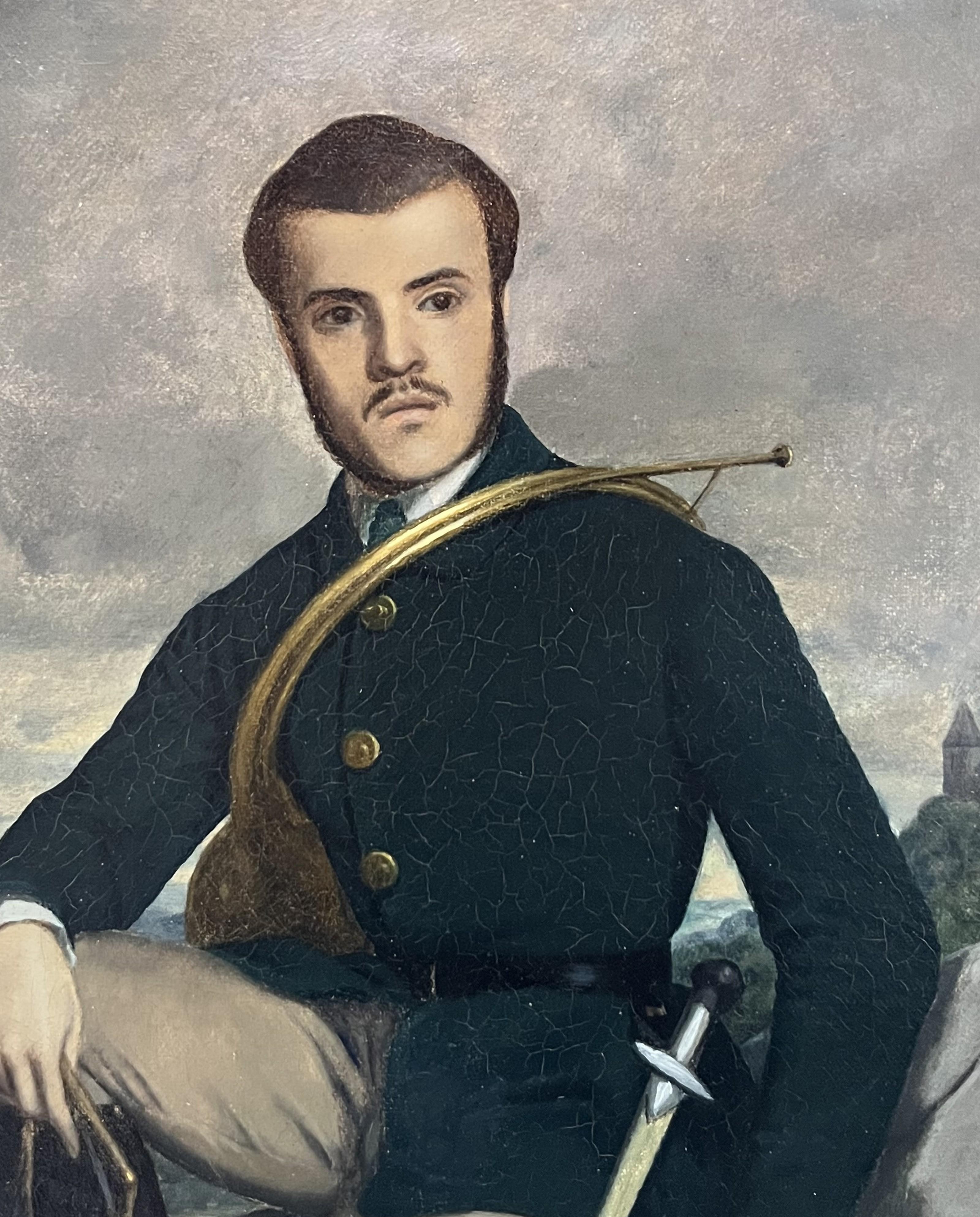 French school early 20th century, Portrait of a hunter, oil on canvas signed (Grau), Figurative Painting, von Unknown