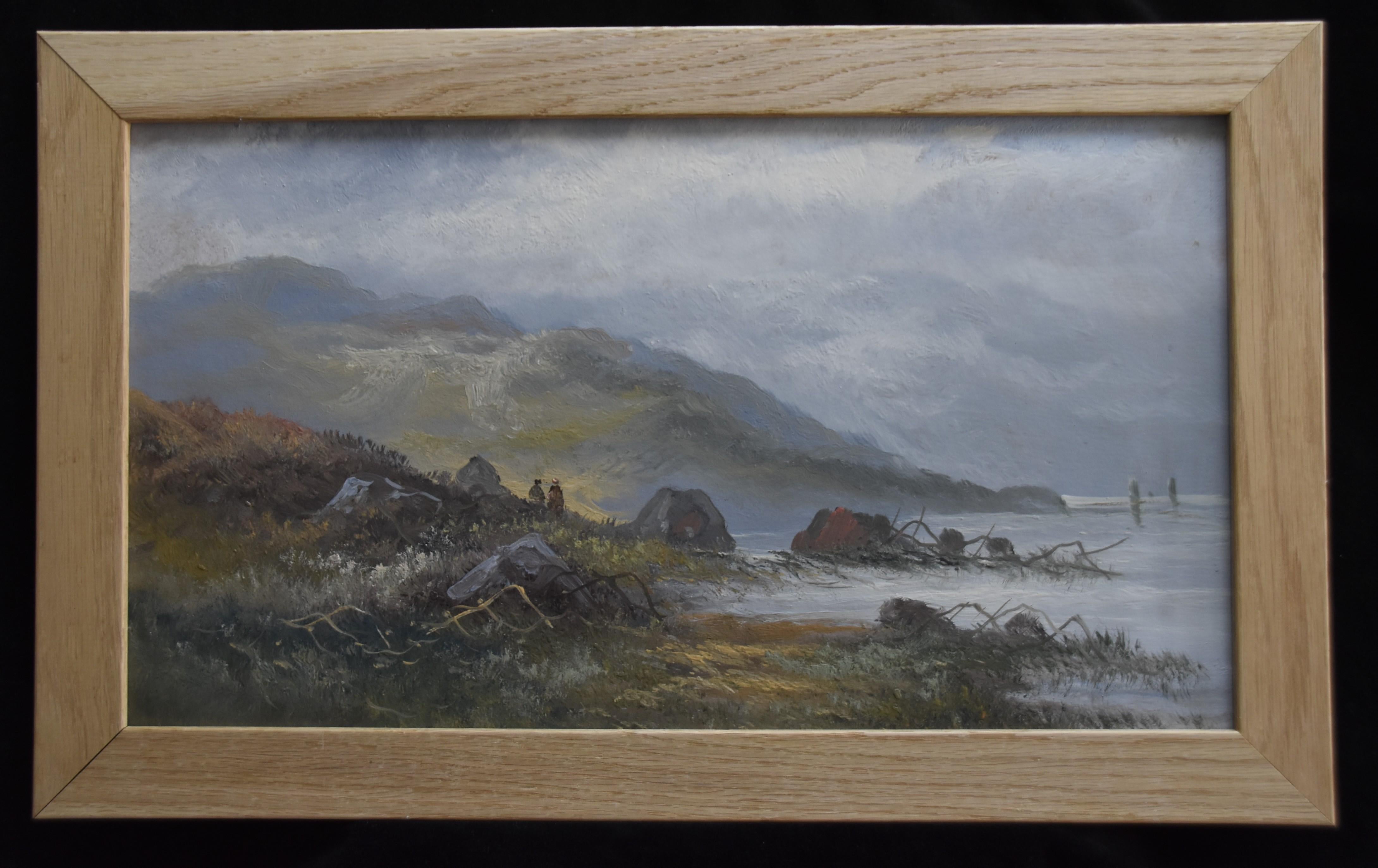Französisches Schulende des 19. Jahrhunderts, „A seaside with two characters“, Öl auf Papier – Painting von Unknown